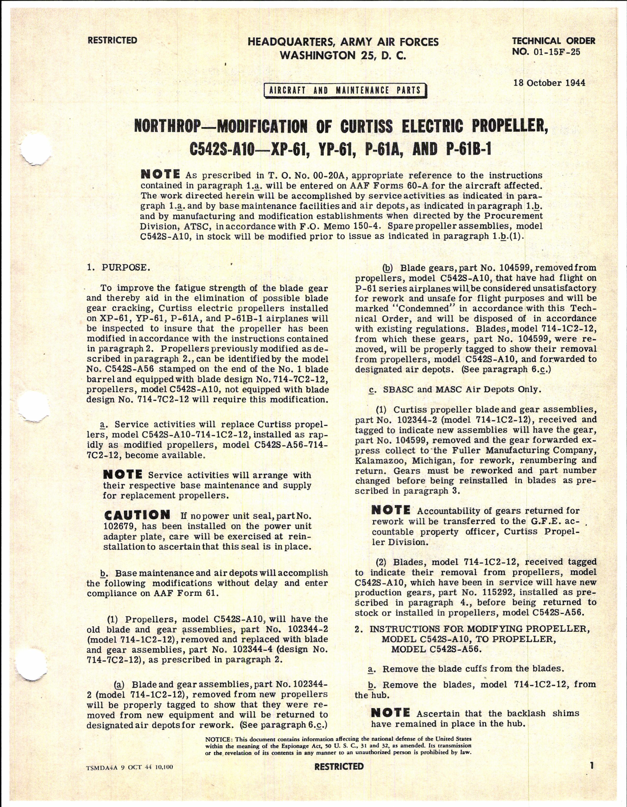 Sample page 1 from AirCorps Library document: Modification of Curtiss Electric Propeller P-61 Series