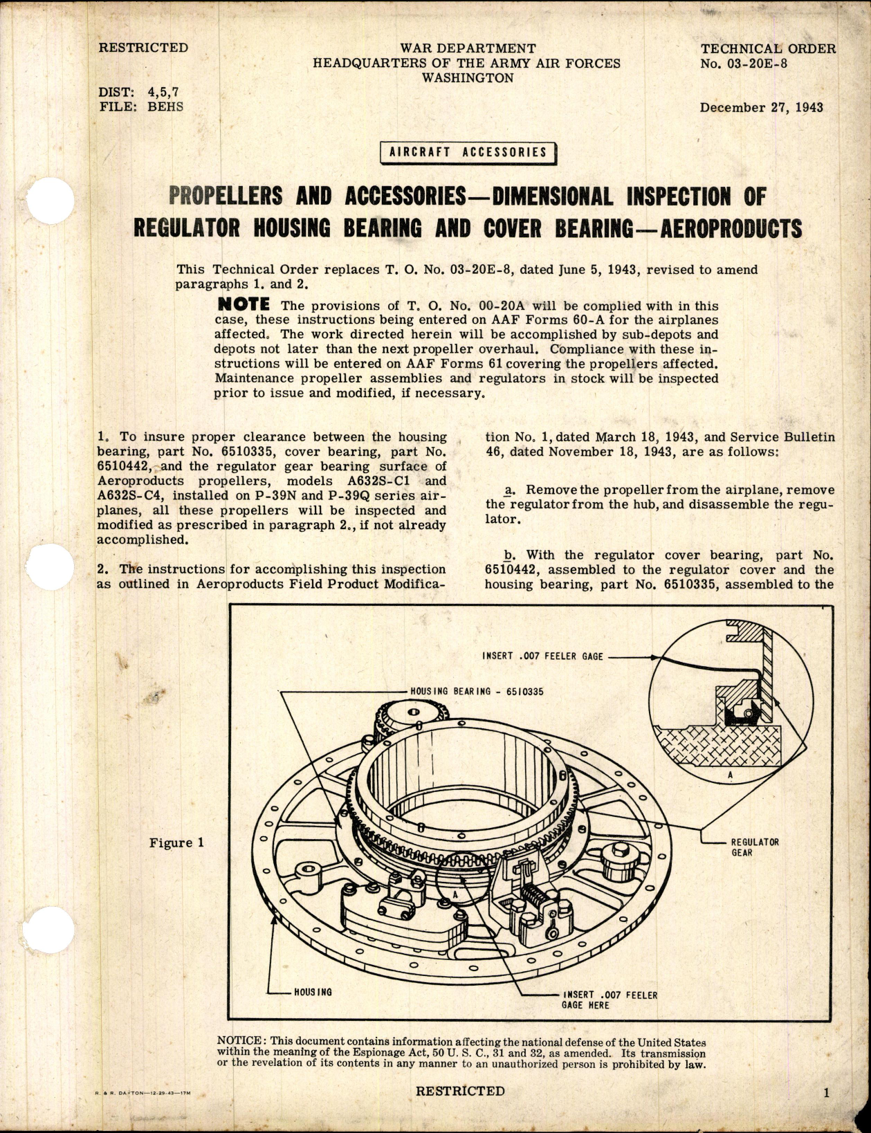 Sample page 1 from AirCorps Library document: Propellers and Accessories, Dimensional Inspection of Regulator Housing Bearing and Cover Bearing