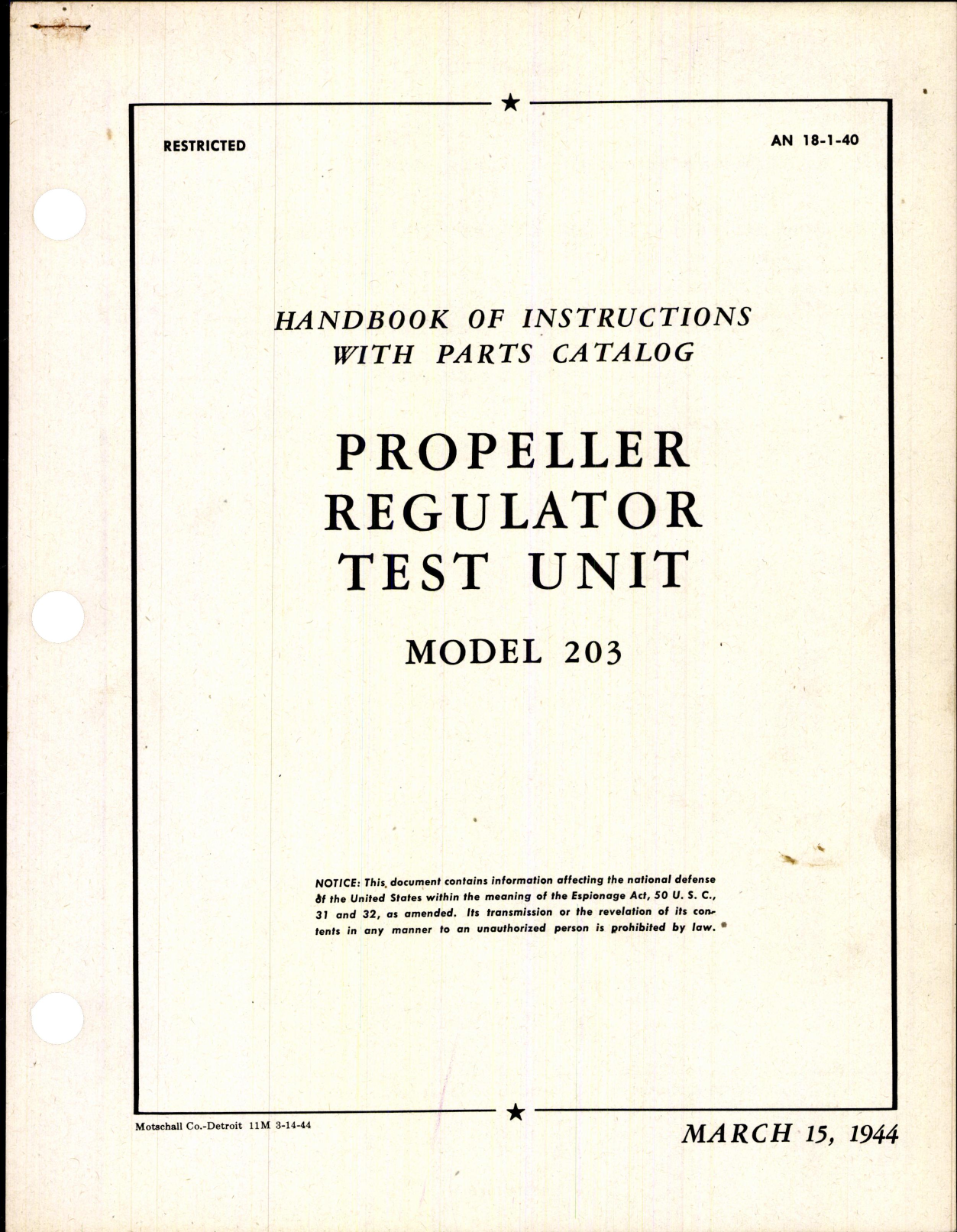 Sample page 1 from AirCorps Library document: Propeller Regulator Test Unit Model 203
