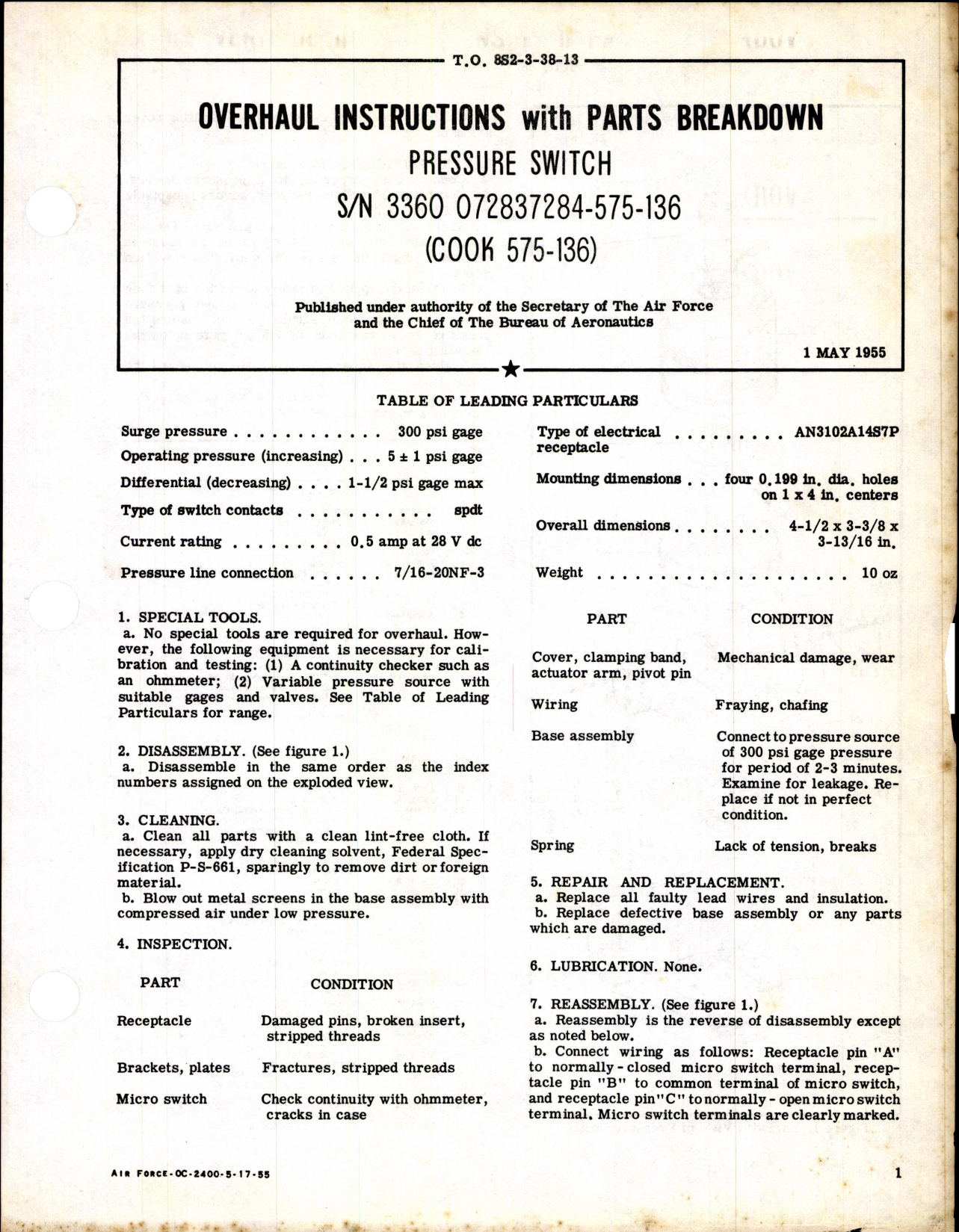 Sample page 1 from AirCorps Library document: Pressure Switch SN 3360 072837284-575-136