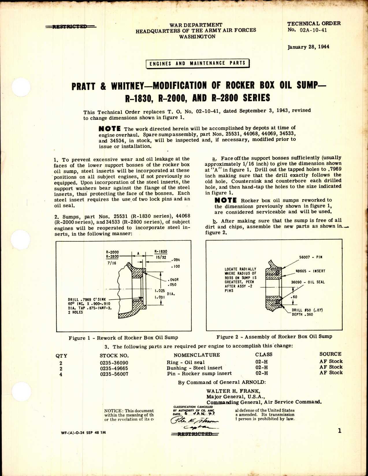 Sample page 1 from AirCorps Library document: Modification of Rocker Box Oil Sump for R-1830, R-2000 & R-2800