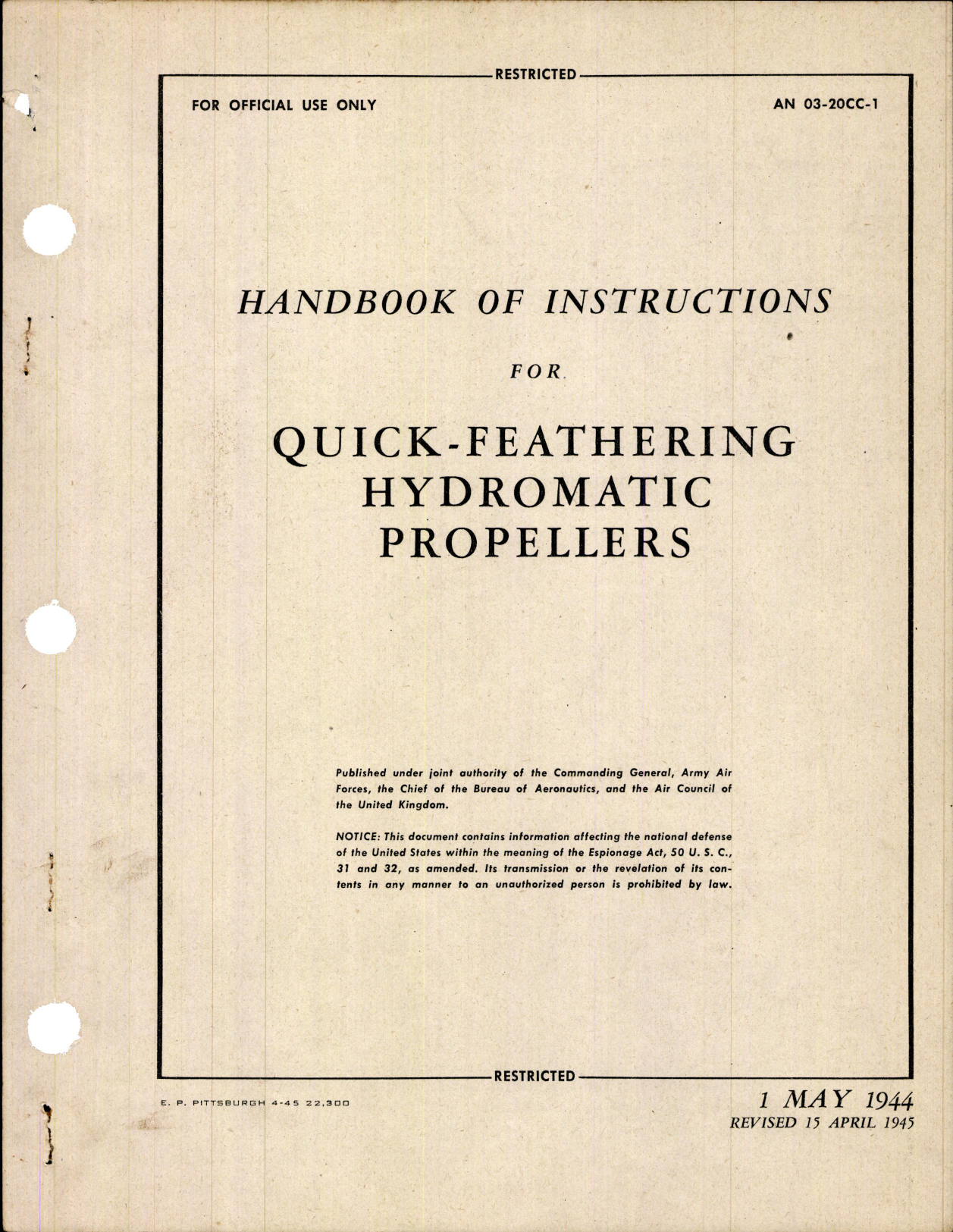 Sample page 1 from AirCorps Library document: Instructions for Quick-Feathering Hydromatic Propellers