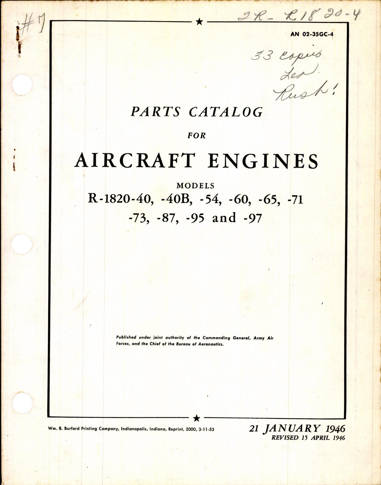 Sample page 1 from AirCorps Library document: Parts Catalog for Aircraft Engines Models R-1820 