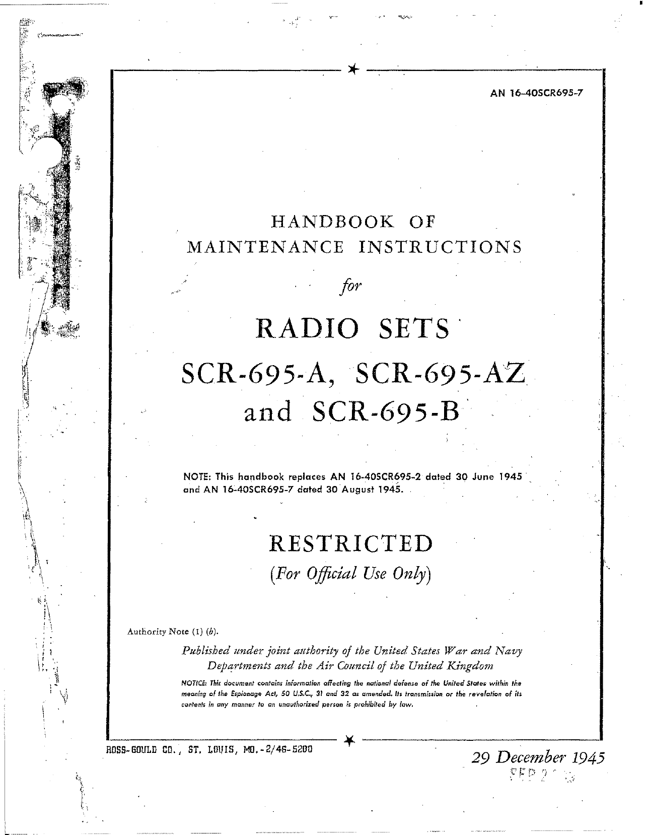 Sample page 1 from AirCorps Library document: Maintenance Instructions for Radio Sets SCR-695-A, -AZ, and -B