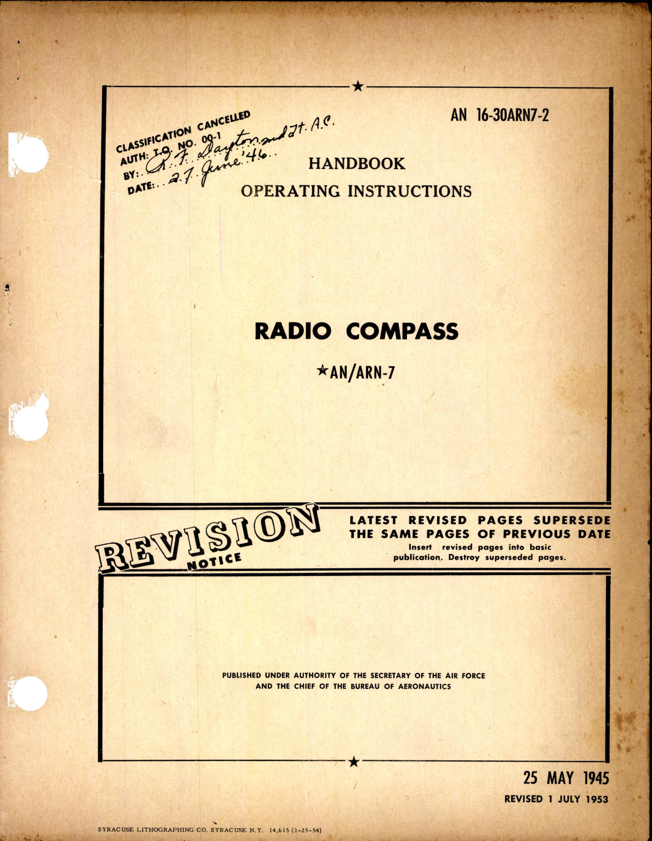Sample page 1 from AirCorps Library document: Handbook Operating Instructions for Radio Compass AN & ARN-7