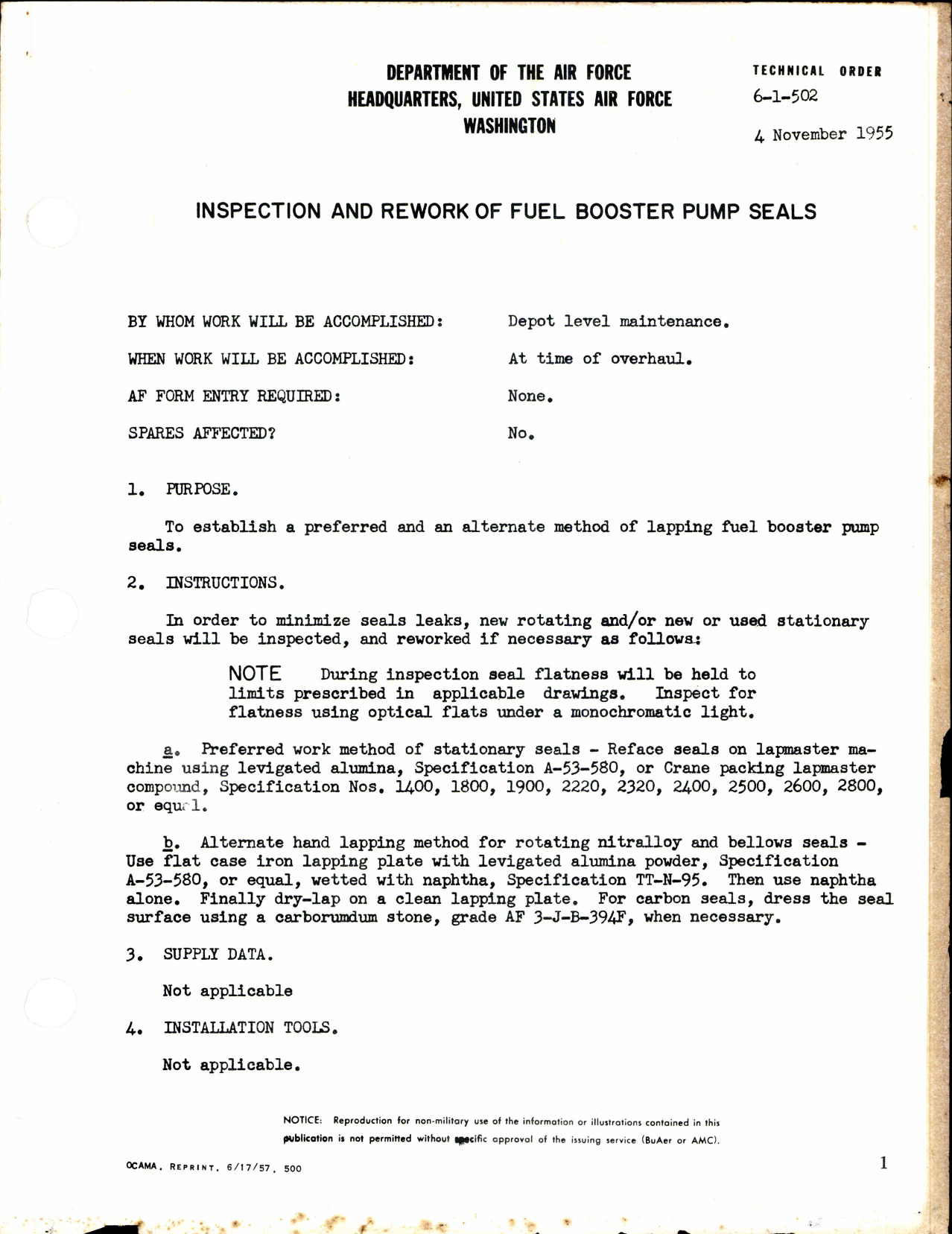 Sample page 1 from AirCorps Library document: Inspection and Rework of Fuel Booster Pump Seals