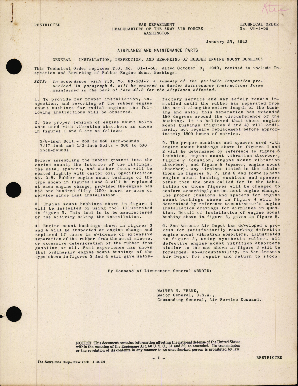 Sample page 1 from AirCorps Library document: Installation, Inspection, and Reworking of Rubber Engine Mount Bushings