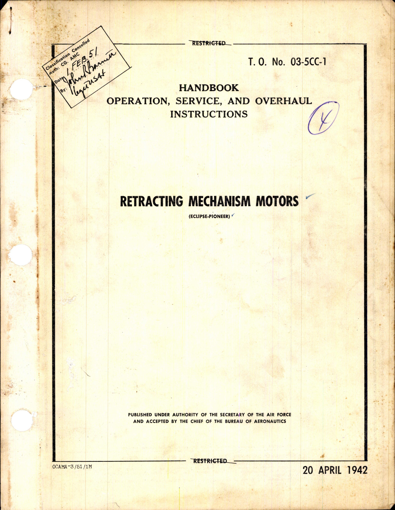 Sample page 1 from AirCorps Library document: Operation, Service, & Overhaul Instructions for Retracting Mechanism Motors