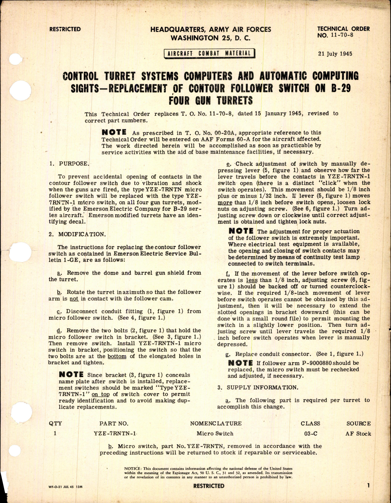 Sample page 1 from AirCorps Library document: Replacement of Contour Follower Switch on B-29