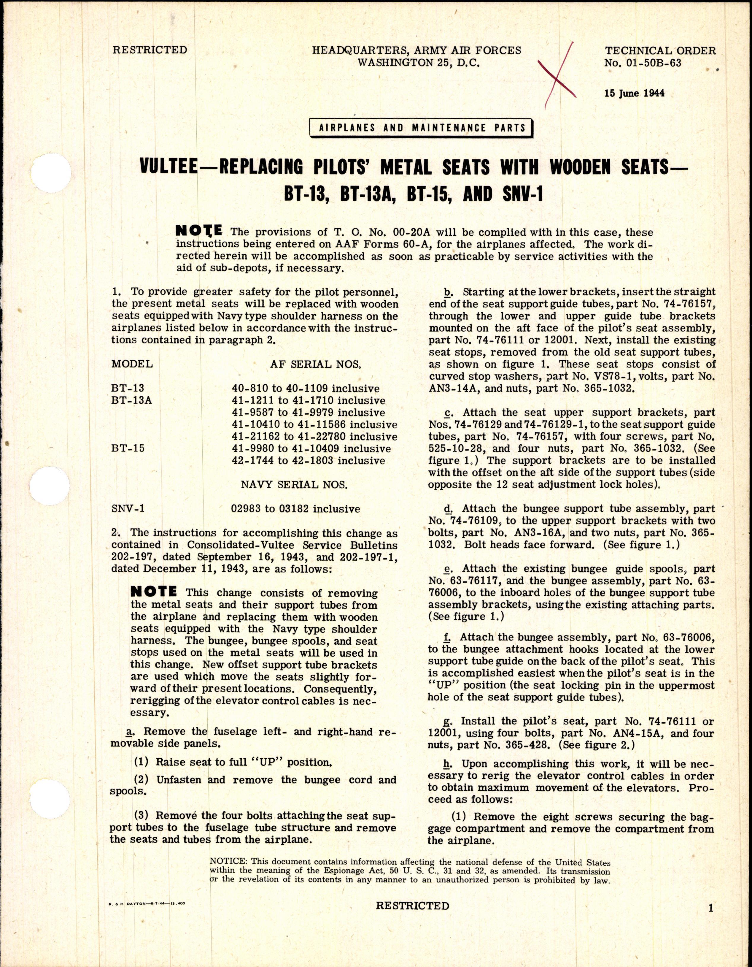 Sample page 1 from AirCorps Library document: Replacing Pilots' Metal Seat with Wooden Seats - BT-13, BT-13A, BT-15, and SNV-1