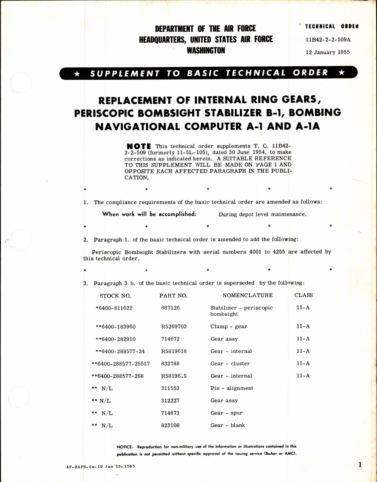 Sample page 1 from AirCorps Library document: Internal Ring Gears for Periscopic Bombsight Stabilizer B-1