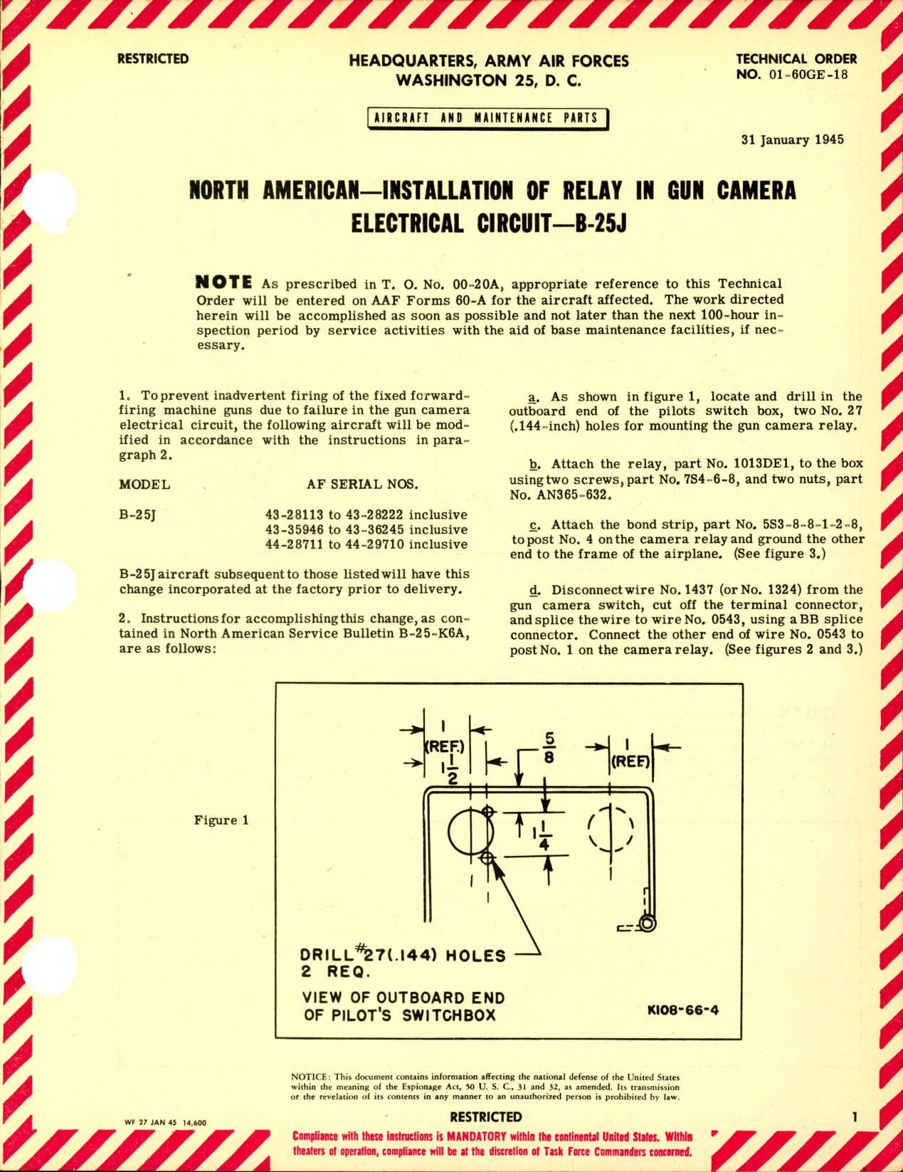 Sample page 1 from AirCorps Library document: Installation of Relay in Gun Camera Electrical Circuit for B-25J