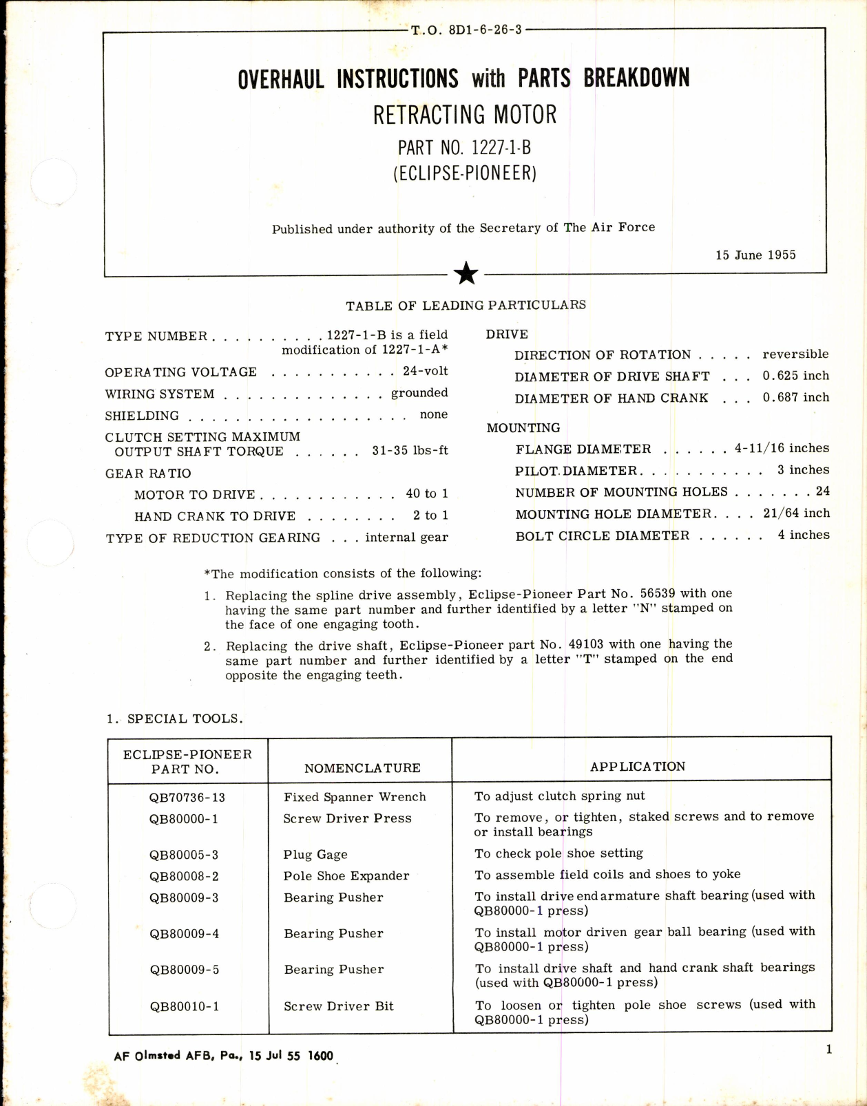 Sample page 1 from AirCorps Library document: Overhaul Instructions with Parts Breakdown for Retracting Motor Part No 1227-1-B