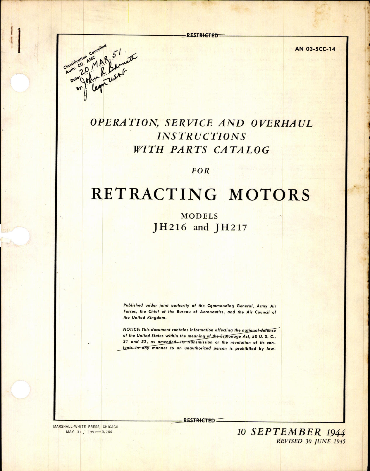 Sample page 1 from AirCorps Library document: Operation, Service, & Overhaul Instructions w/ Parts Catalog for Retracting Motors Models JH216 and JH217