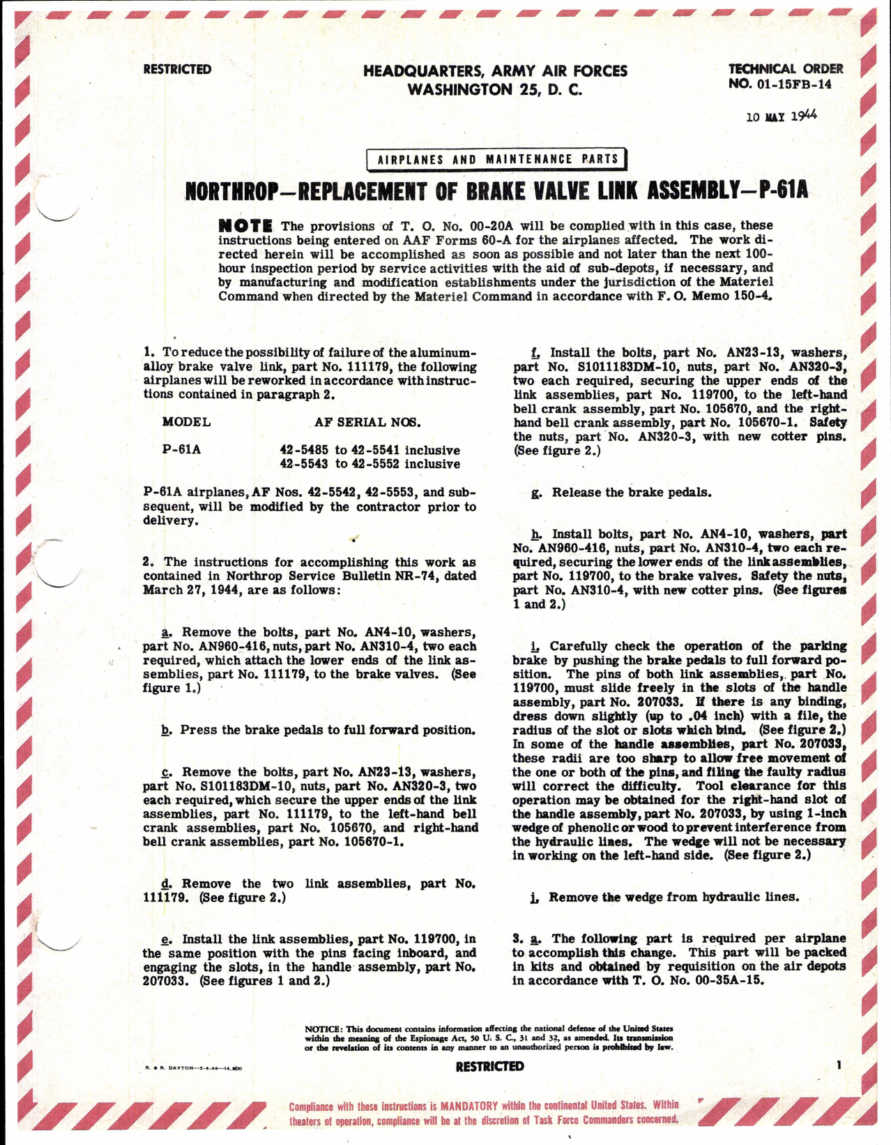 Sample page 1 from AirCorps Library document: Northrop - Replacement of Brake Valve Link Assembly for P-61A