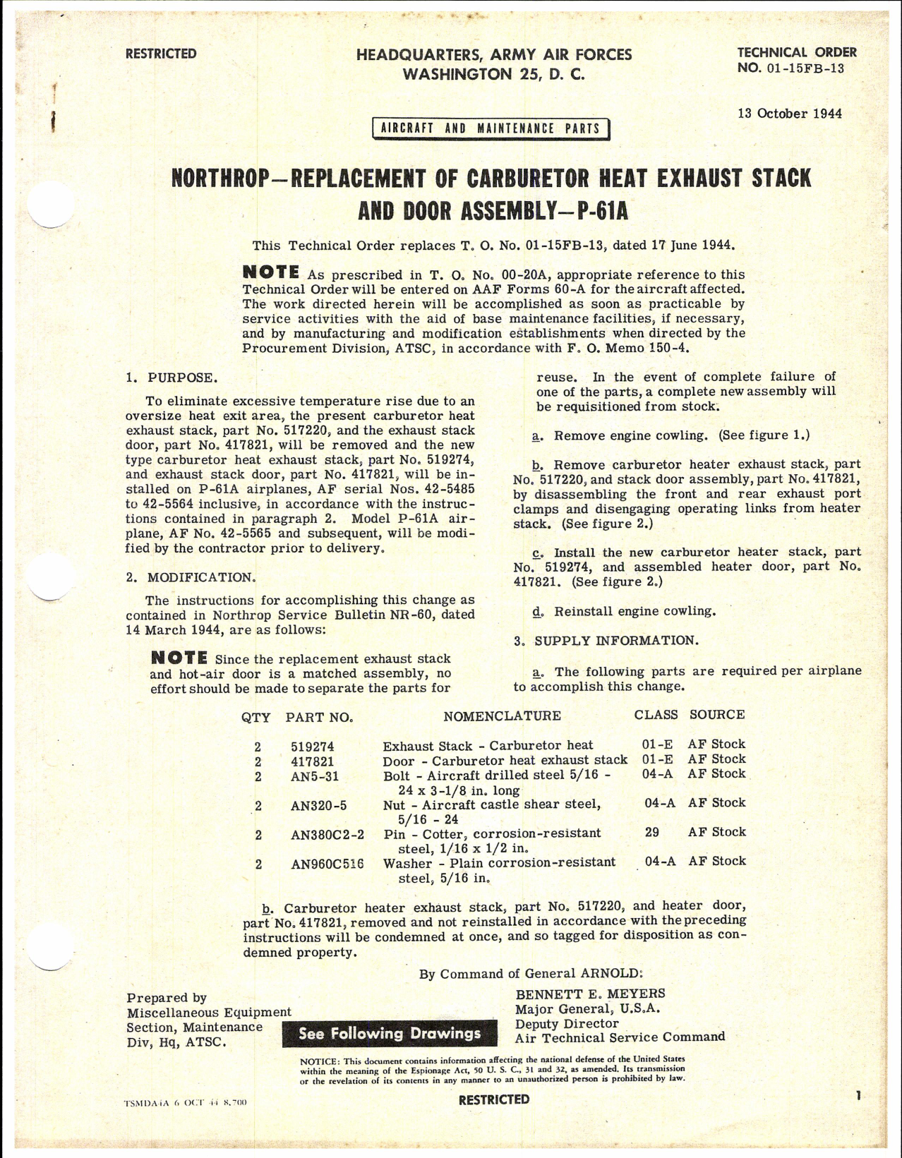 Sample page 1 from AirCorps Library document: Replacement of Carburetor Heat Exhaust Stack and Door Assembly for P-61A
