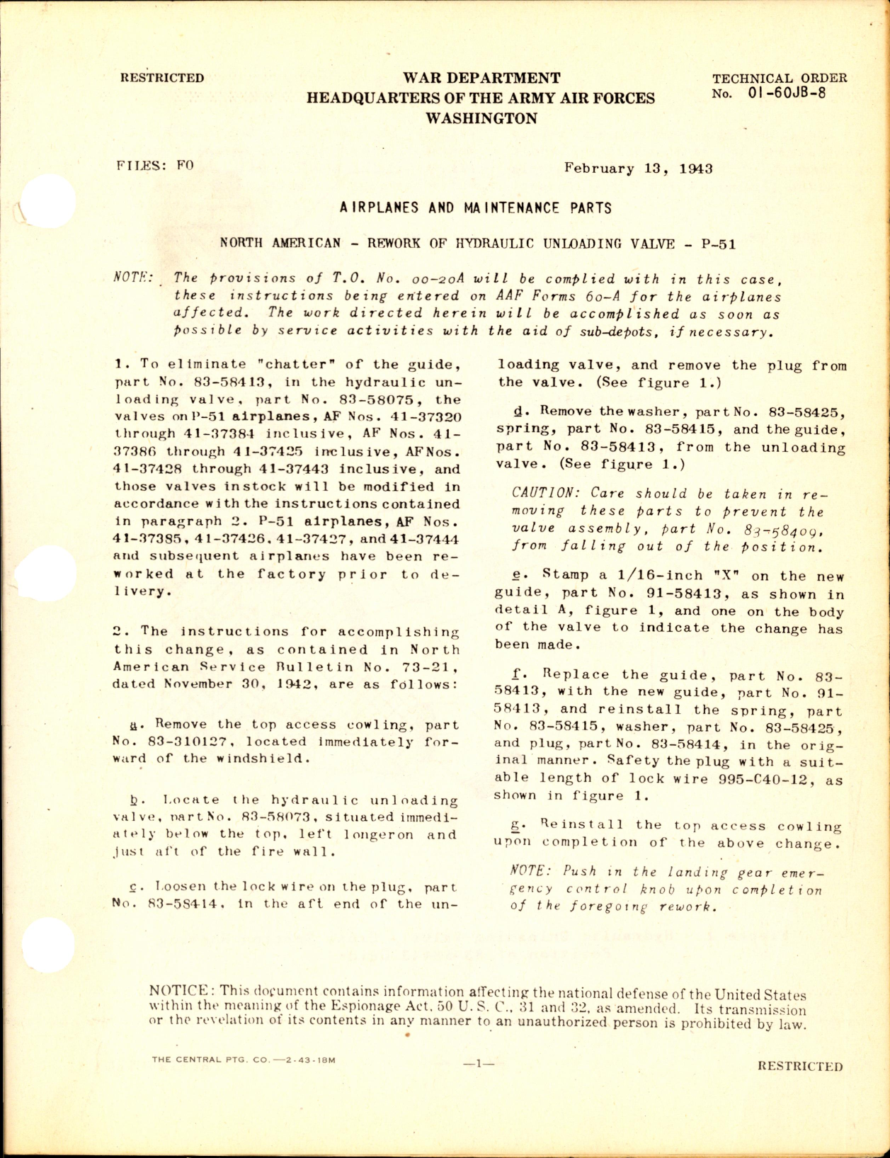 Sample page 1 from AirCorps Library document: Rework of Hydraulic Unloading Valve in the P-51
