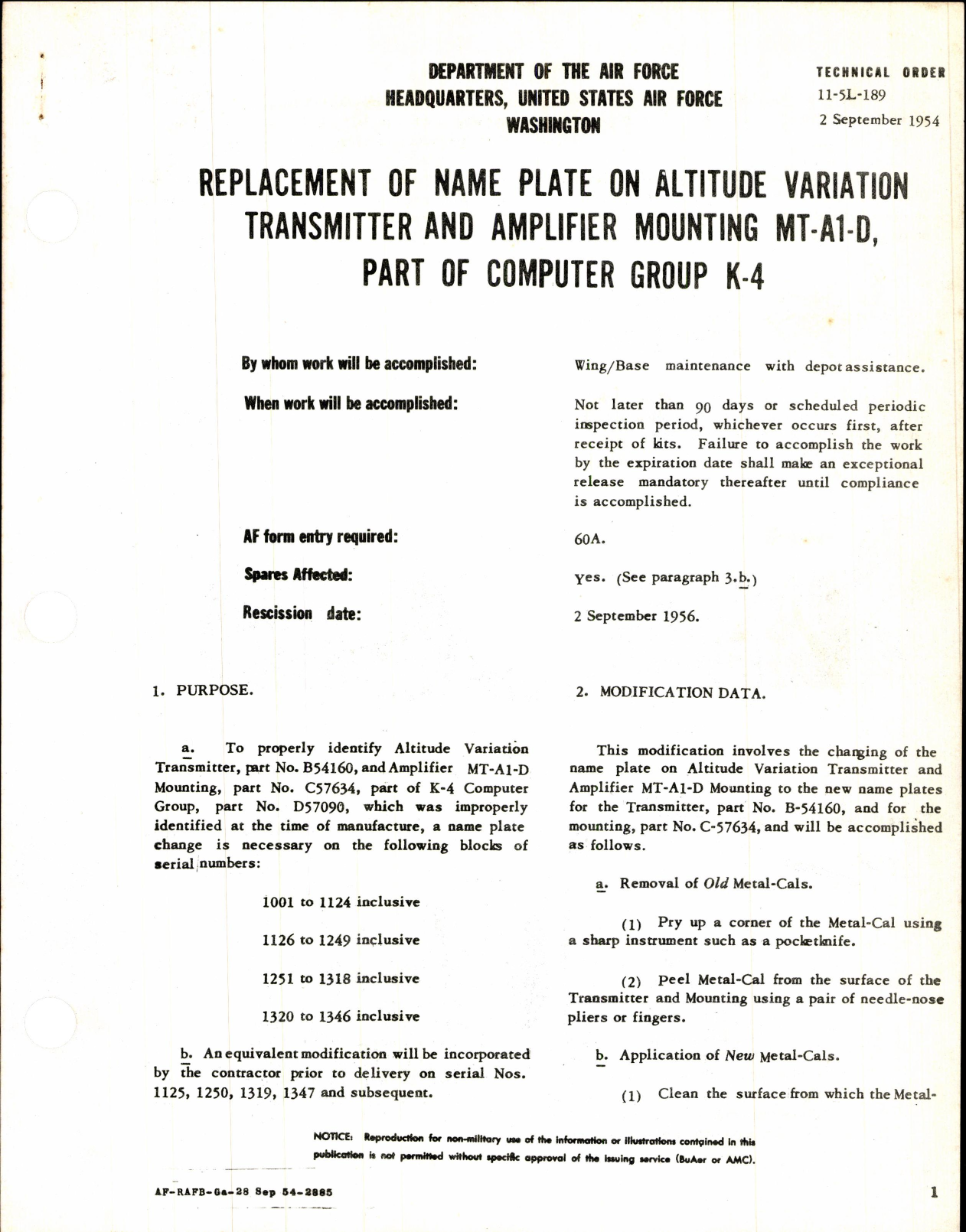 Sample page 1 from AirCorps Library document: Replacement of Name Plate on Altitude Transmitter