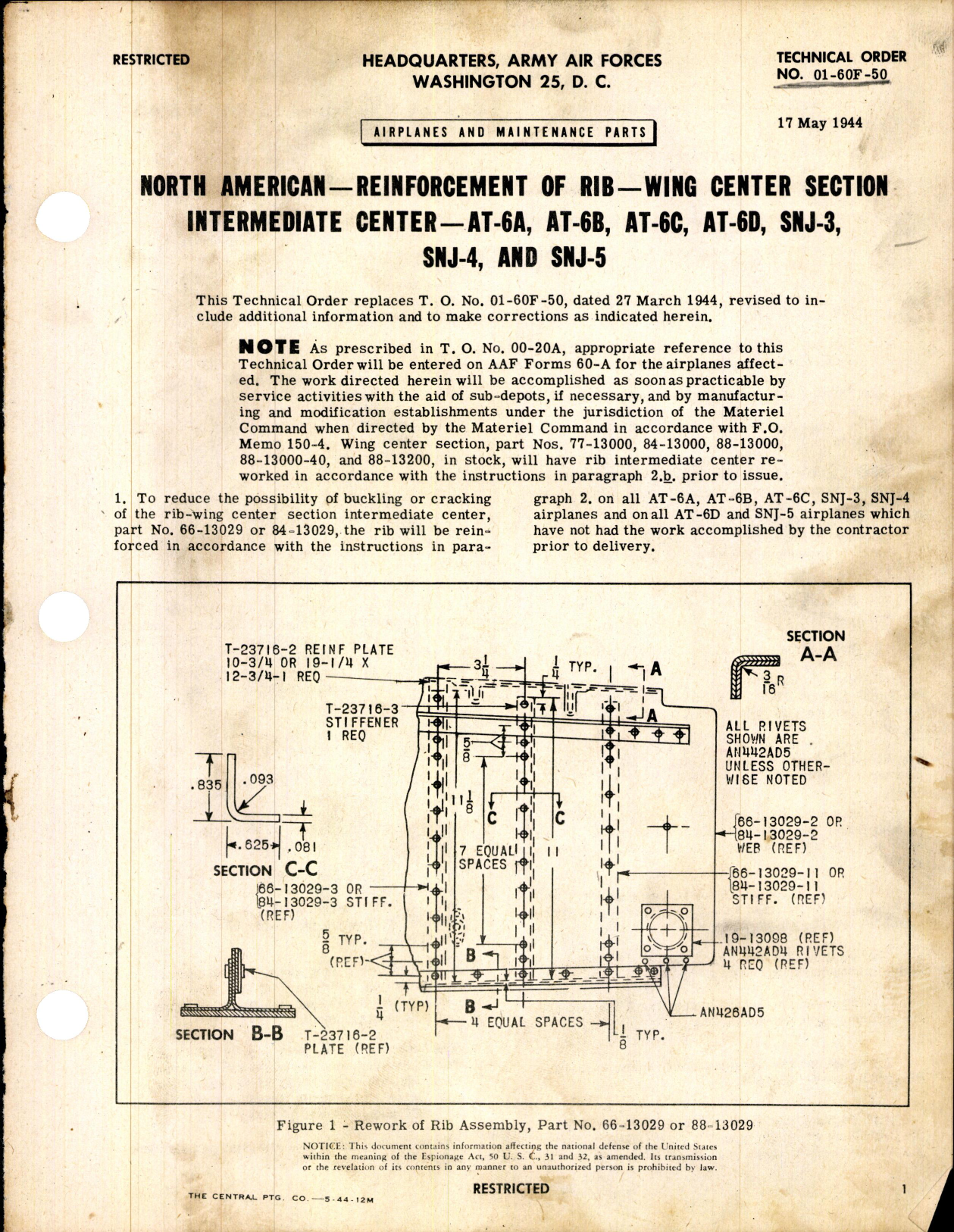 Sample page 1 from AirCorps Library document: Reinforcement of Rib - Wing Center Section, Intermediate Section For AT-6A, AT-6B, AT-6C, AT-6D, SNJ-3, SNJ-4, and SNJ-5