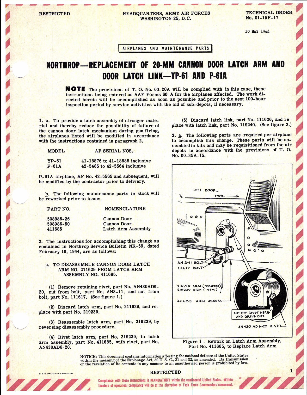 Sample page 1 from AirCorps Library document: Replacement of 20-MM Cannon Door Latch Arm & Link