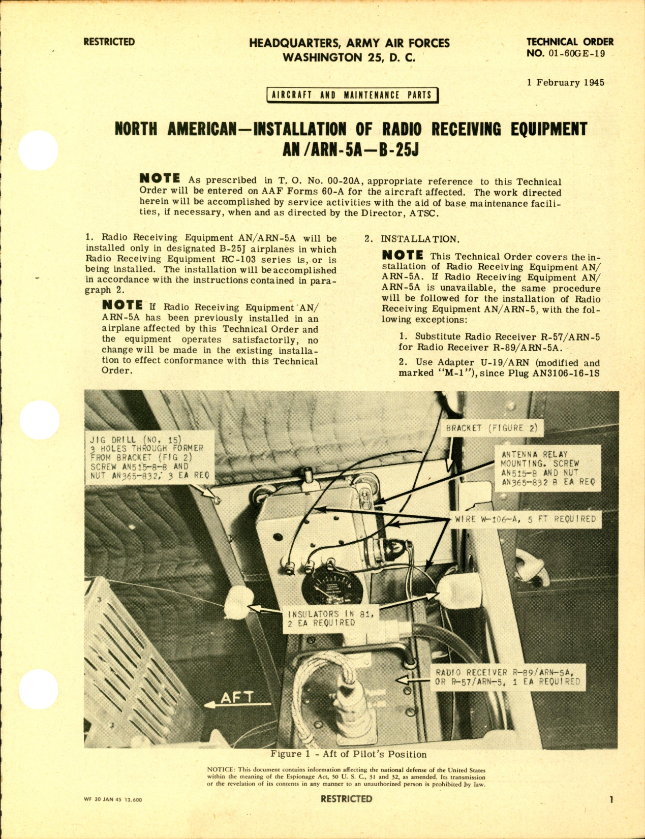 Sample page 1 from AirCorps Library document: Installation of Radio Receiving Equipment for B-25J