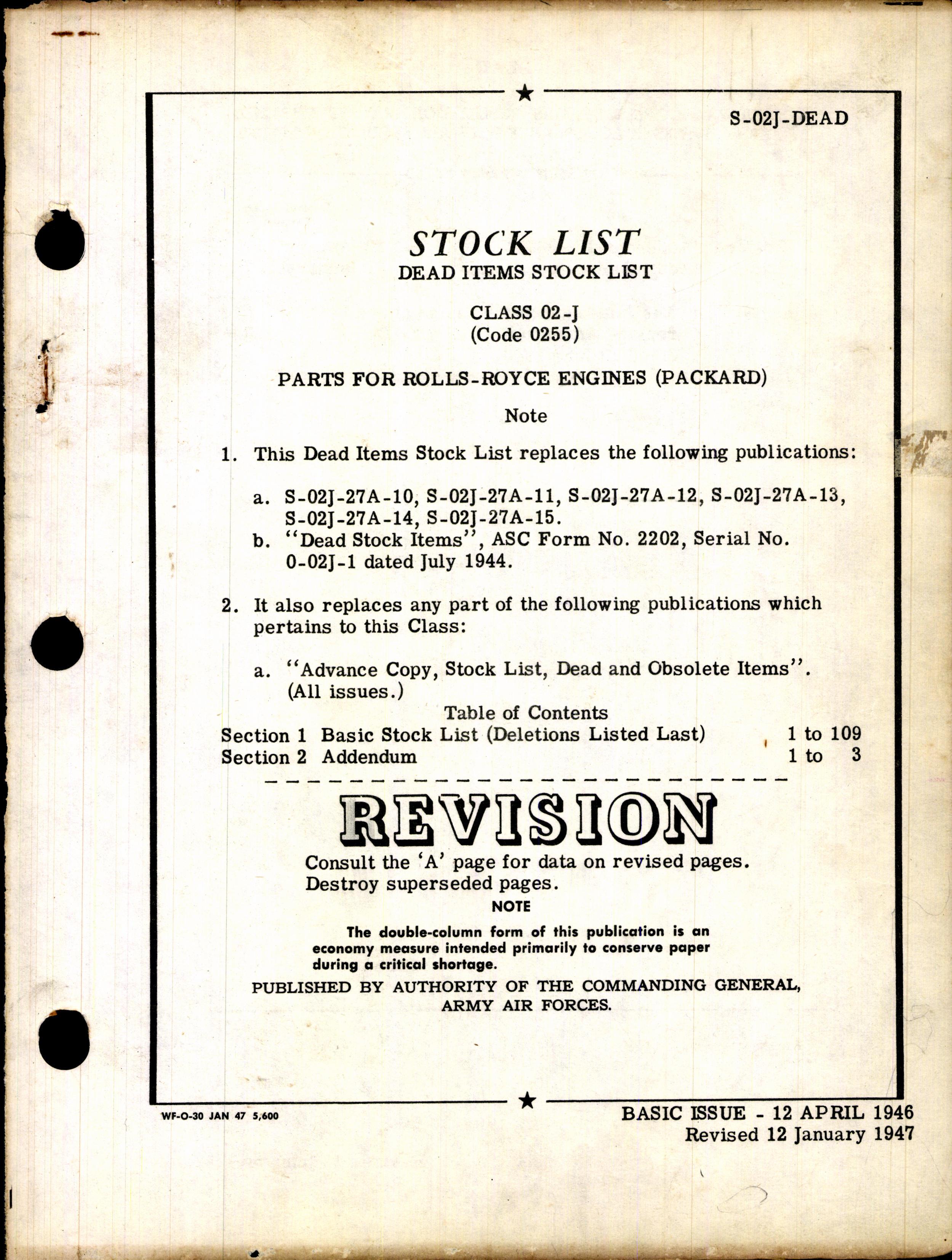 Sample page 1 from AirCorps Library document: Dead Items Stock List Parts for Rolls-Royce Engines (Packard)