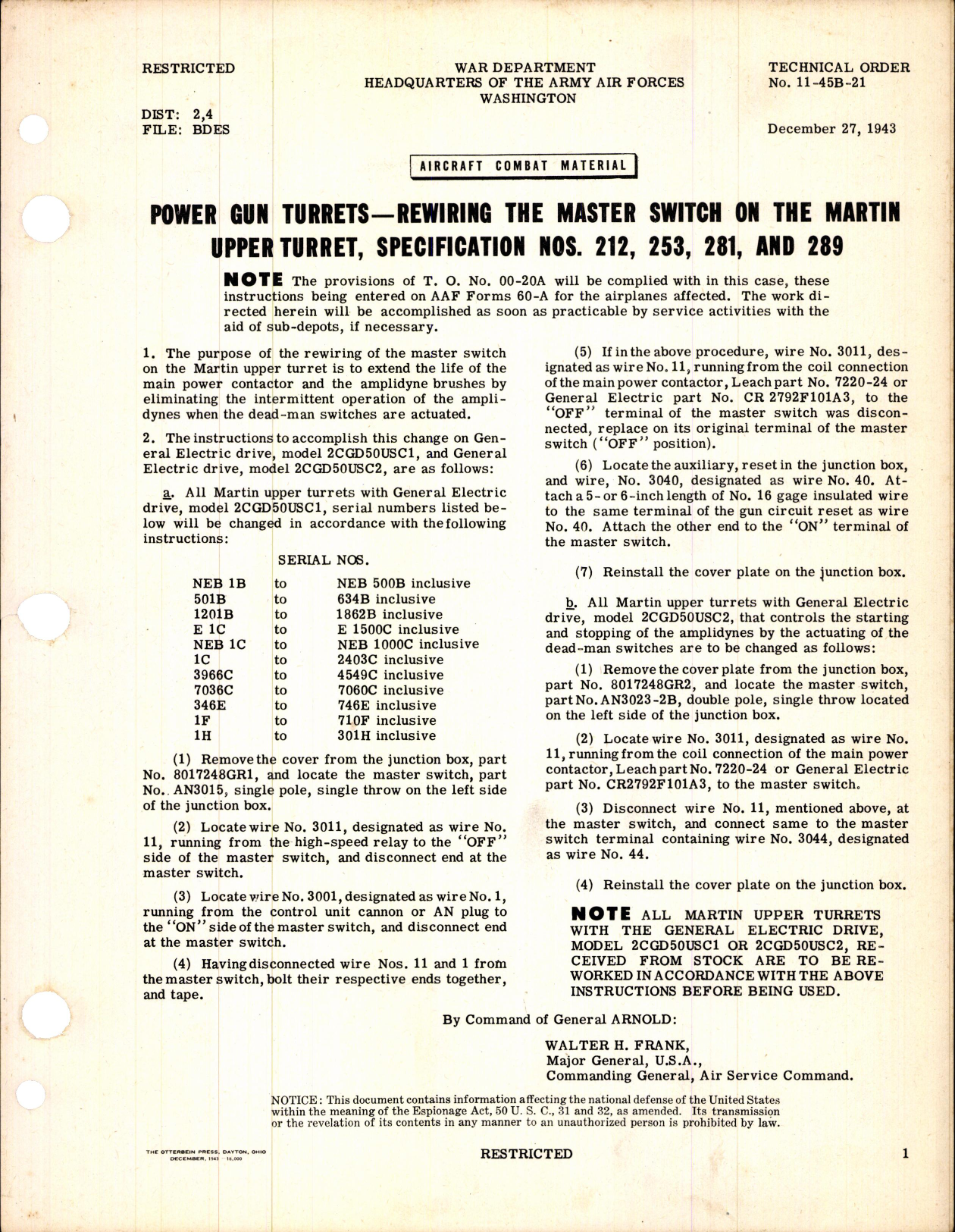 Sample page 1 from AirCorps Library document: Rewiring the Master Switch on the Martin Upper Turret