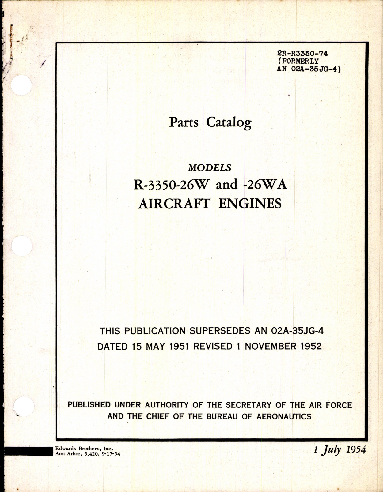 Sample page 1 from AirCorps Library document: Parts Catalog for Models R-3350-26W & -26WA Engines