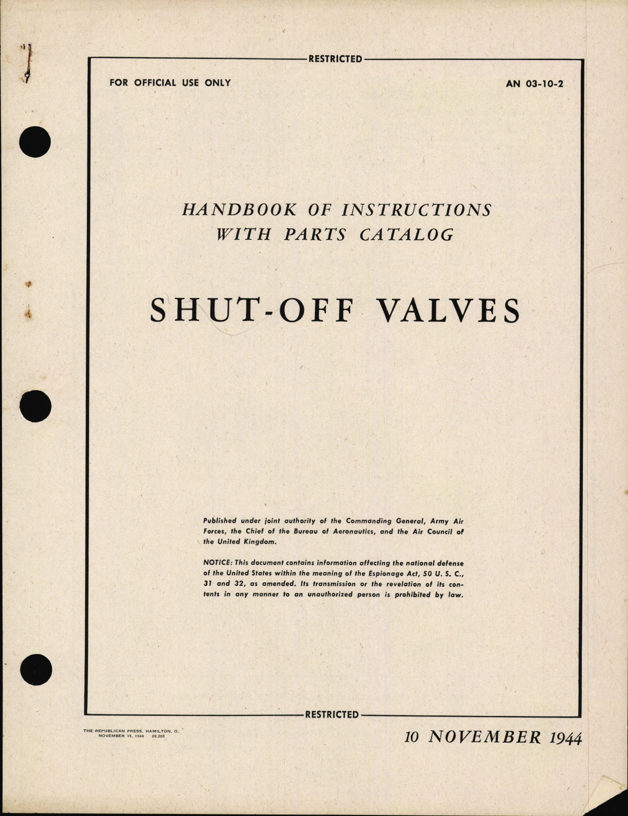 Sample page 1 from AirCorps Library document: Handbook of Instructions with Parts Catalog for Shut-Off Valves
