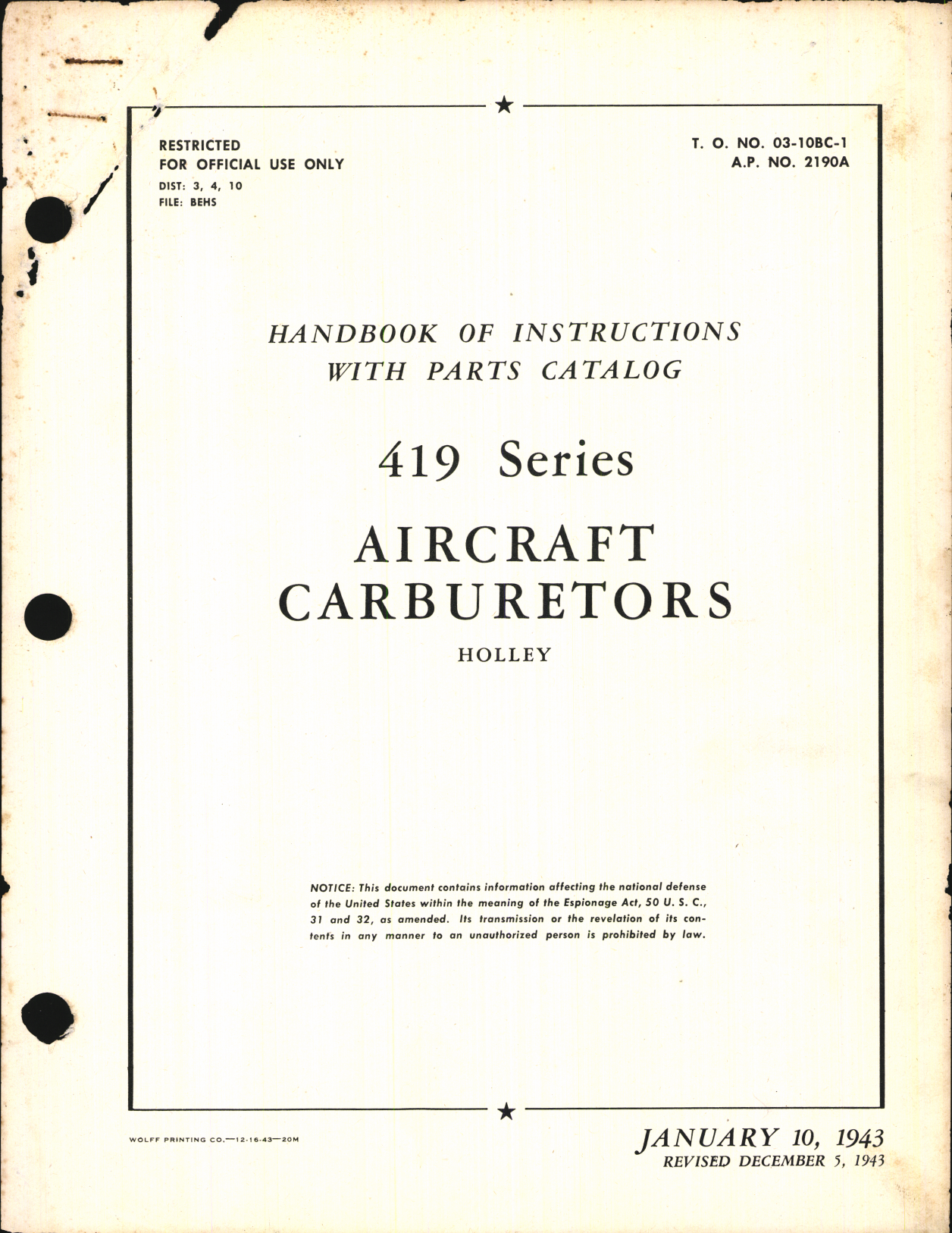 Sample page 1 from AirCorps Library document: Handbook of Instructions with Parts Catalog for 419 Series Aircraft Carburetors