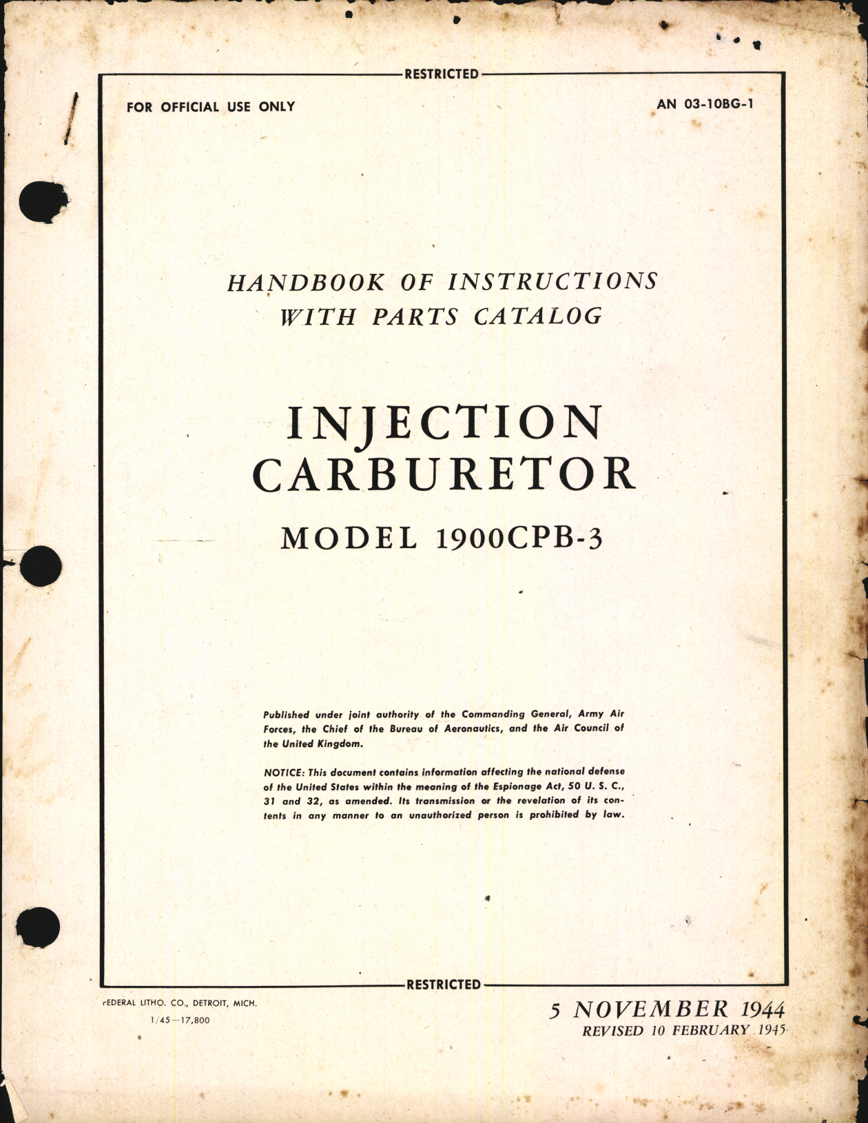 Sample page 1 from AirCorps Library document: Handbook of Instructions with Parts Catalog for Injection Carburetor Model 1900CPB-3