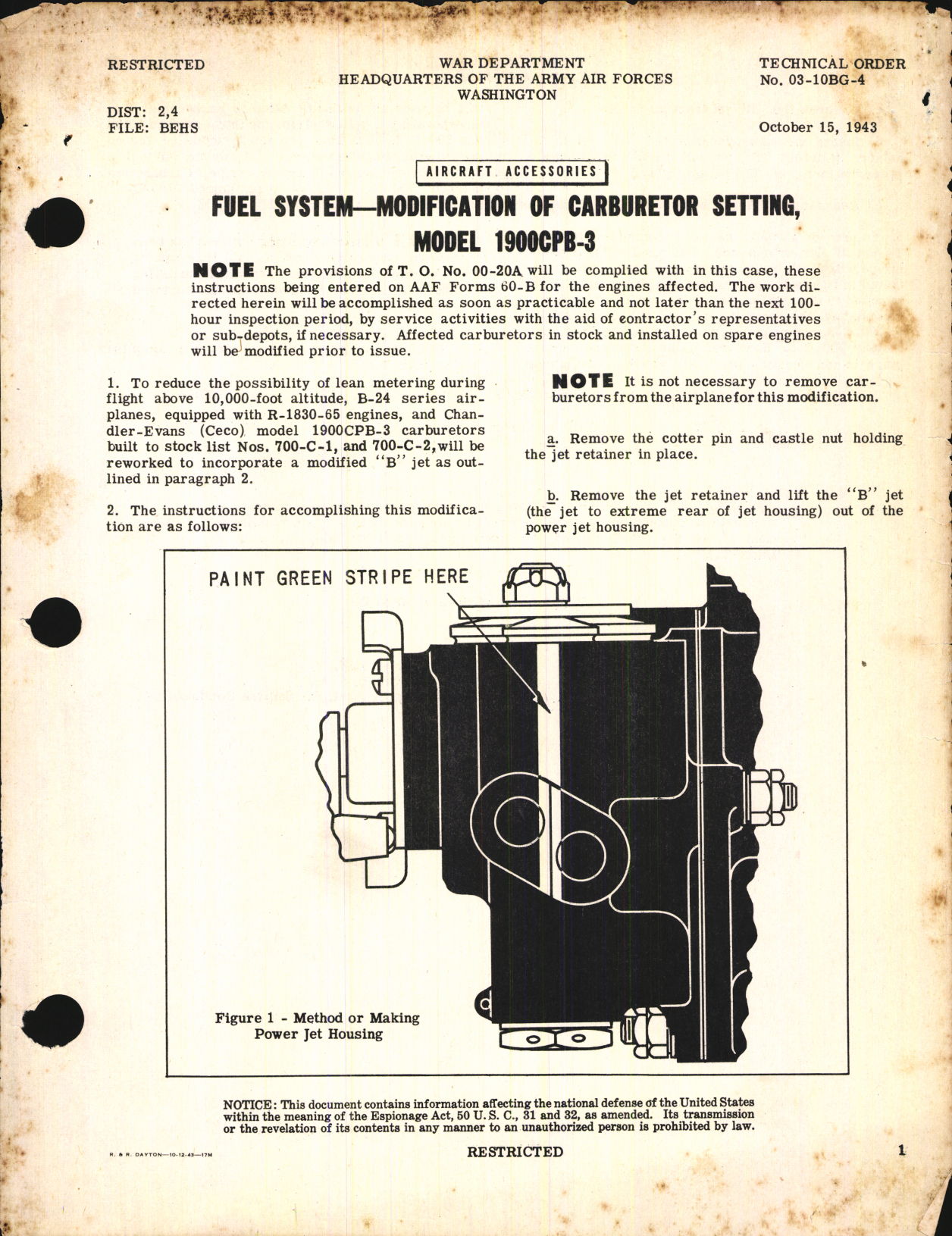 Sample page 1 from AirCorps Library document: Modification of Carburetor Setting Model 1900CPB-3