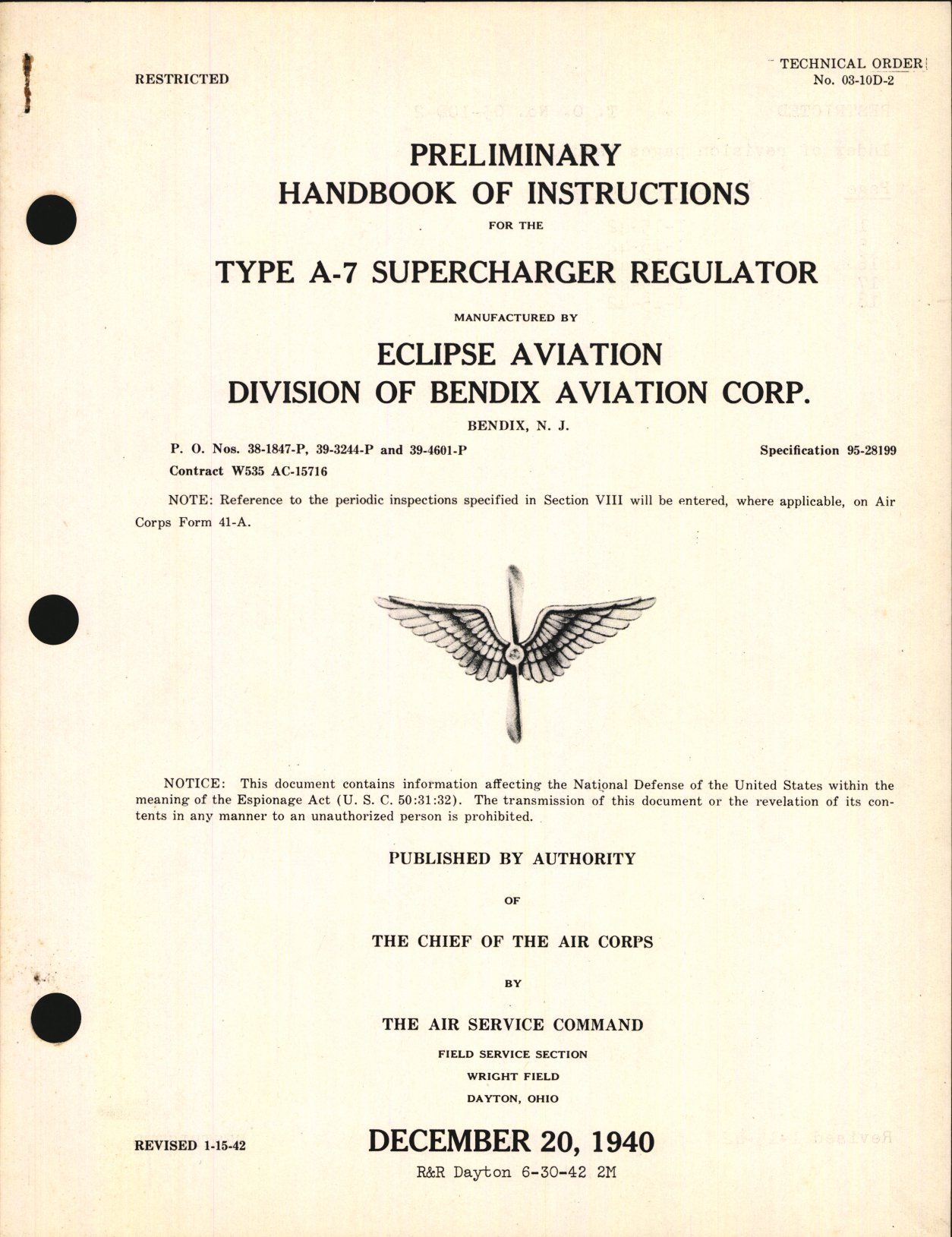 Sample page 1 from AirCorps Library document: Preliminary Handbook of Instructions for Type A-7 Supercharger Regulator