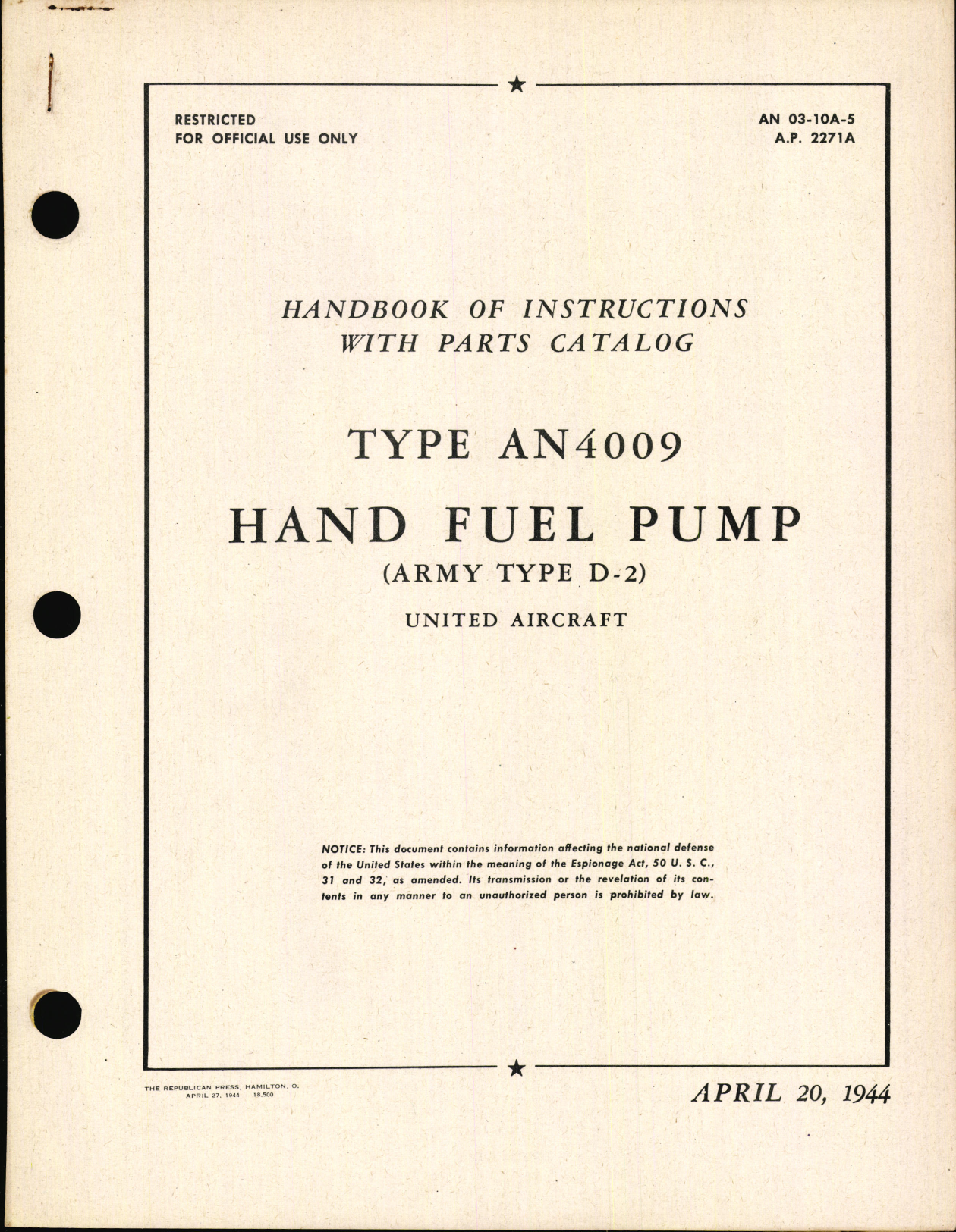 Sample page 1 from AirCorps Library document: Handbook of Instructions with Parts Catalog for Type AN4009 Hand Fuel Pump (Army Type D-2)