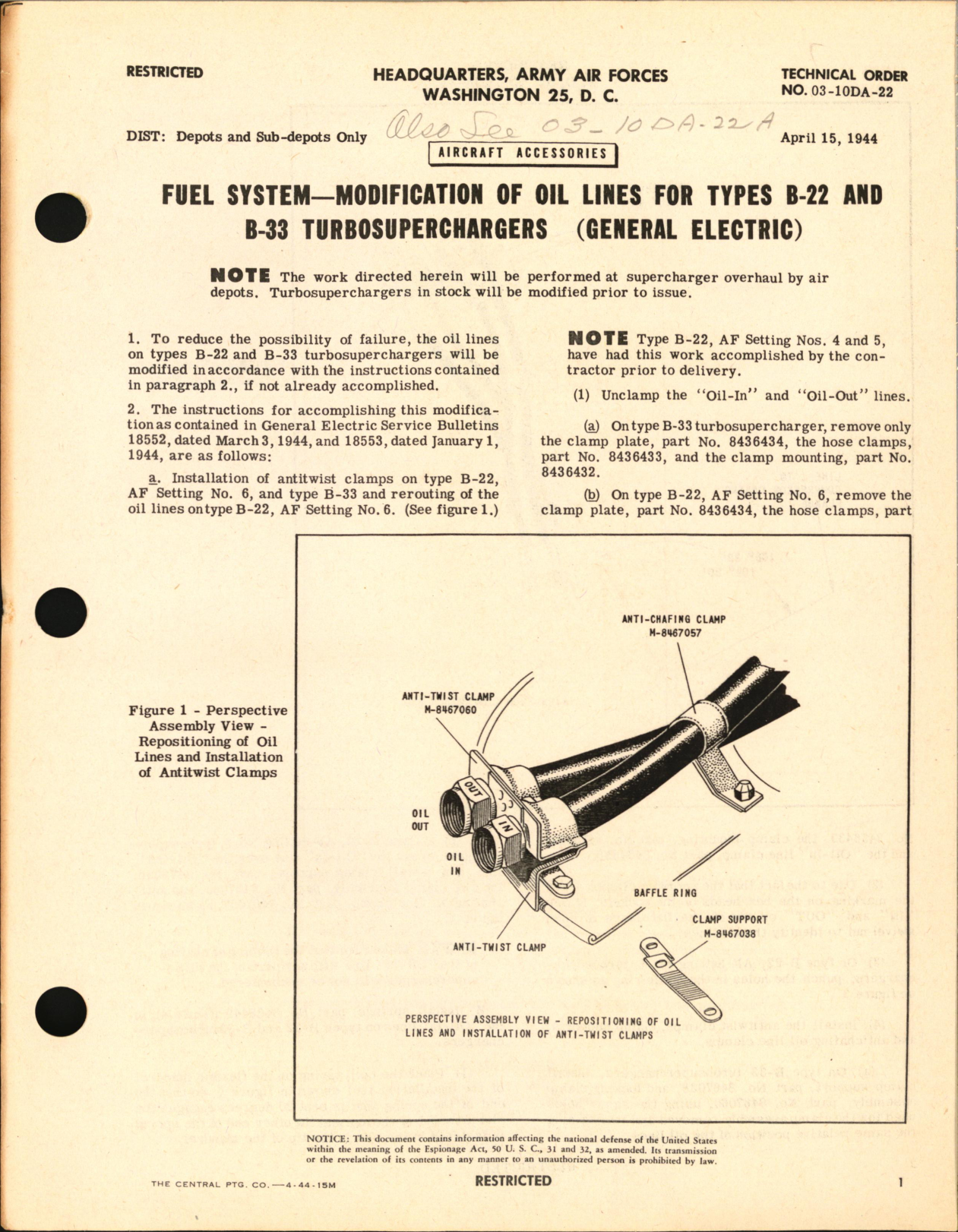 Sample page 1 from AirCorps Library document: Modification of Oil Lines for Types B-22 and B-33 Turbosuperchargers