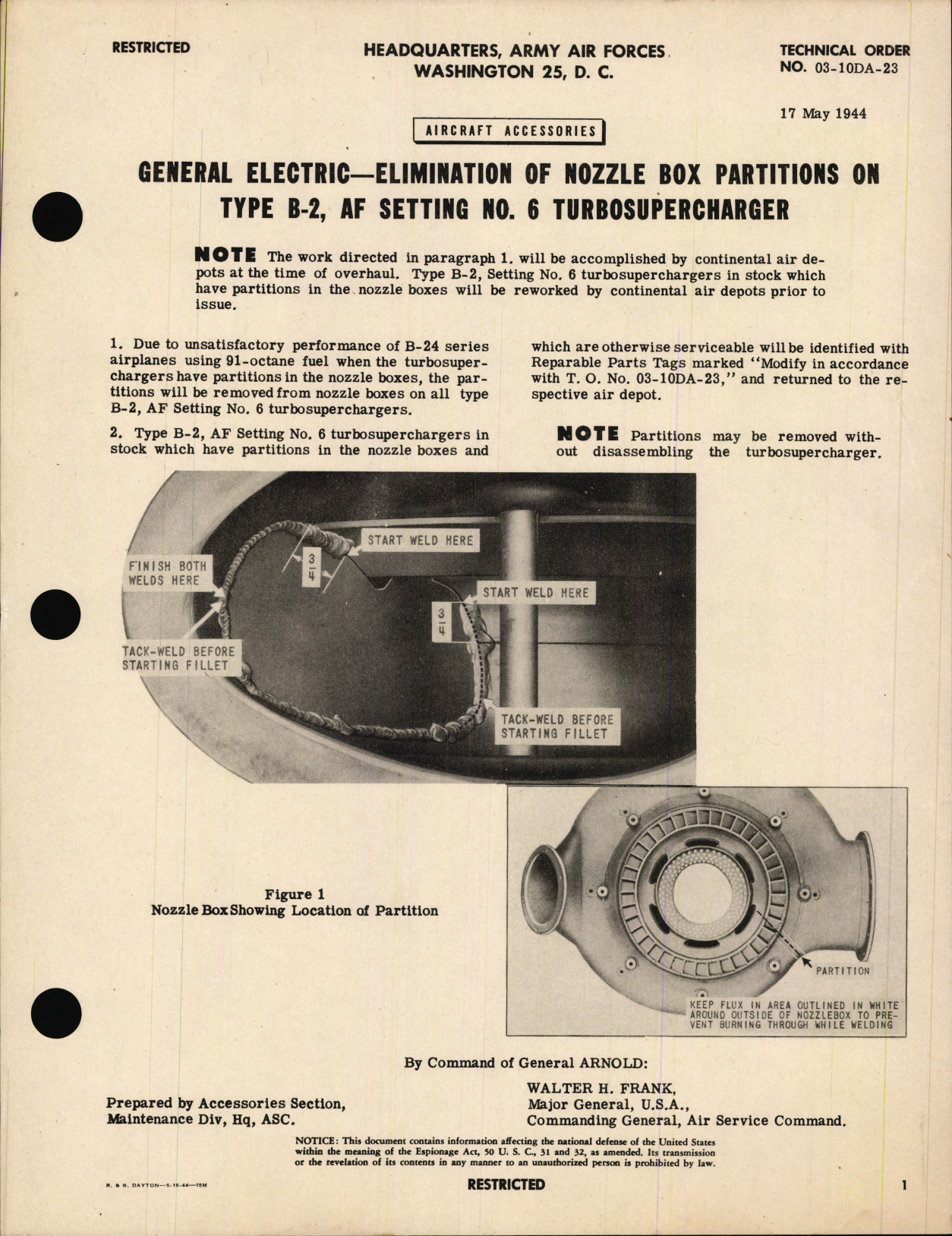 Sample page 1 from AirCorps Library document: Elimination of Nozzle Box Partitions on Type B-2, AF Setting No. 6 Turbosupercharger