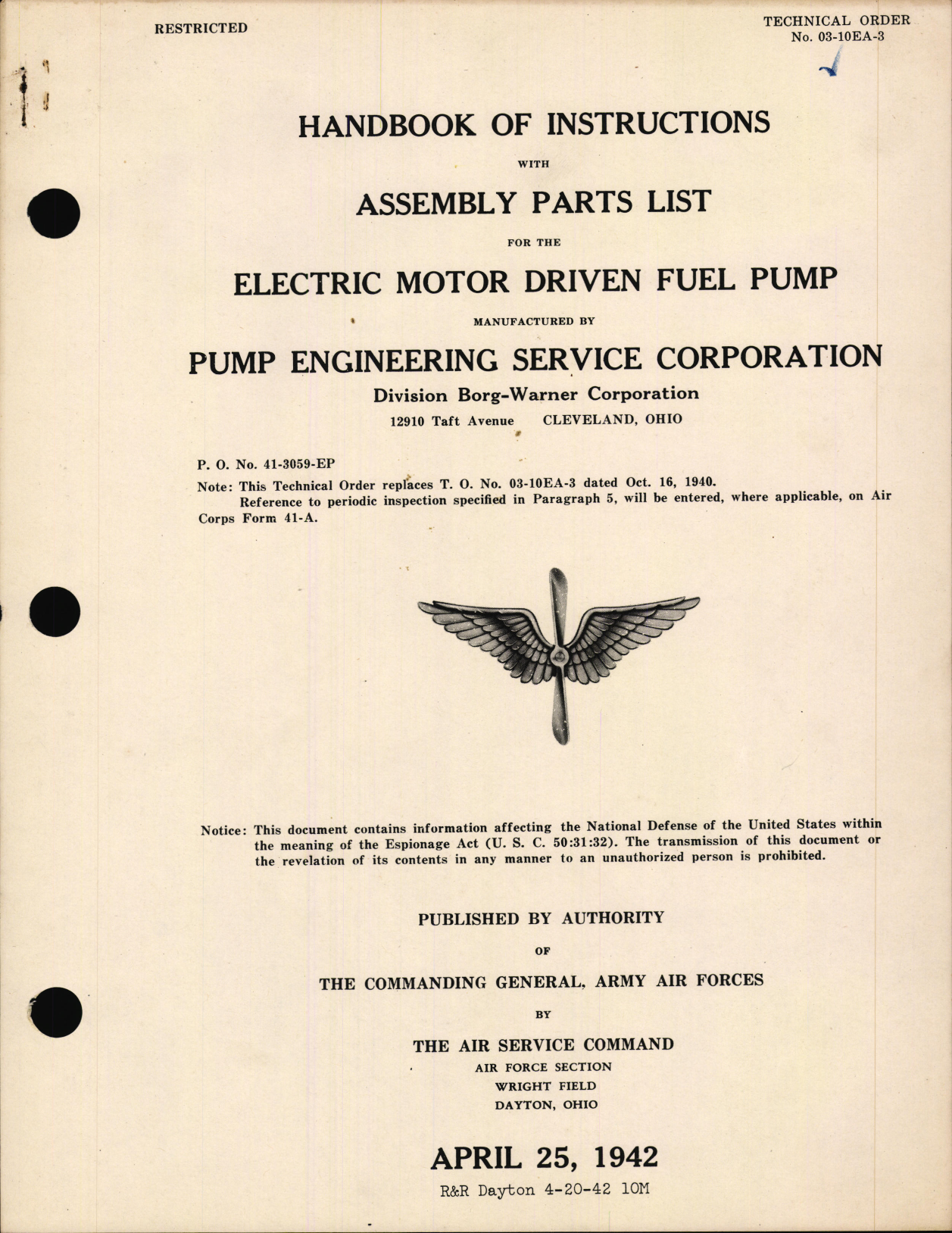 Sample page 1 from AirCorps Library document: Handbook of Instructions with Assembly Parts List for Electric Motor Driven Fuel Pump