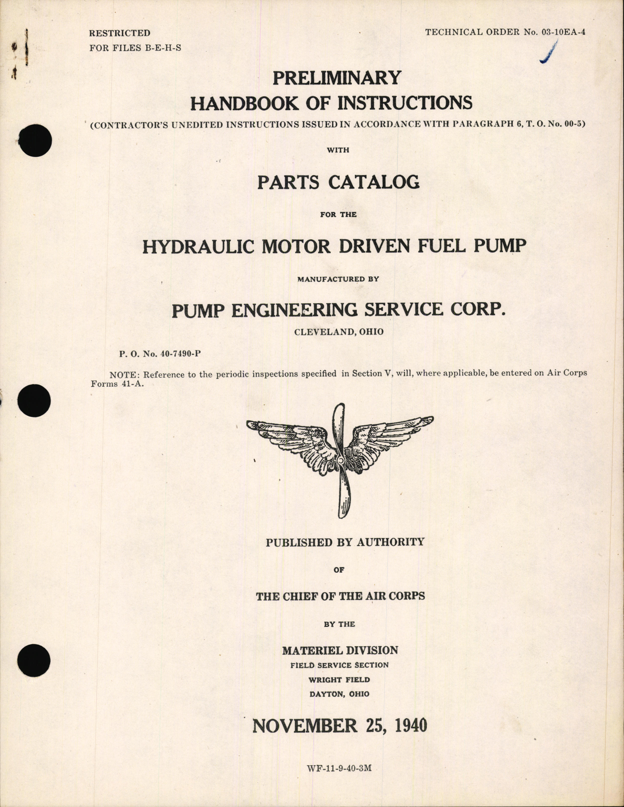 Sample page 1 from AirCorps Library document: Preliminary Handbook of Instructions with Parts Catalog for the Hydraulic Motor Driven Fuel Pump