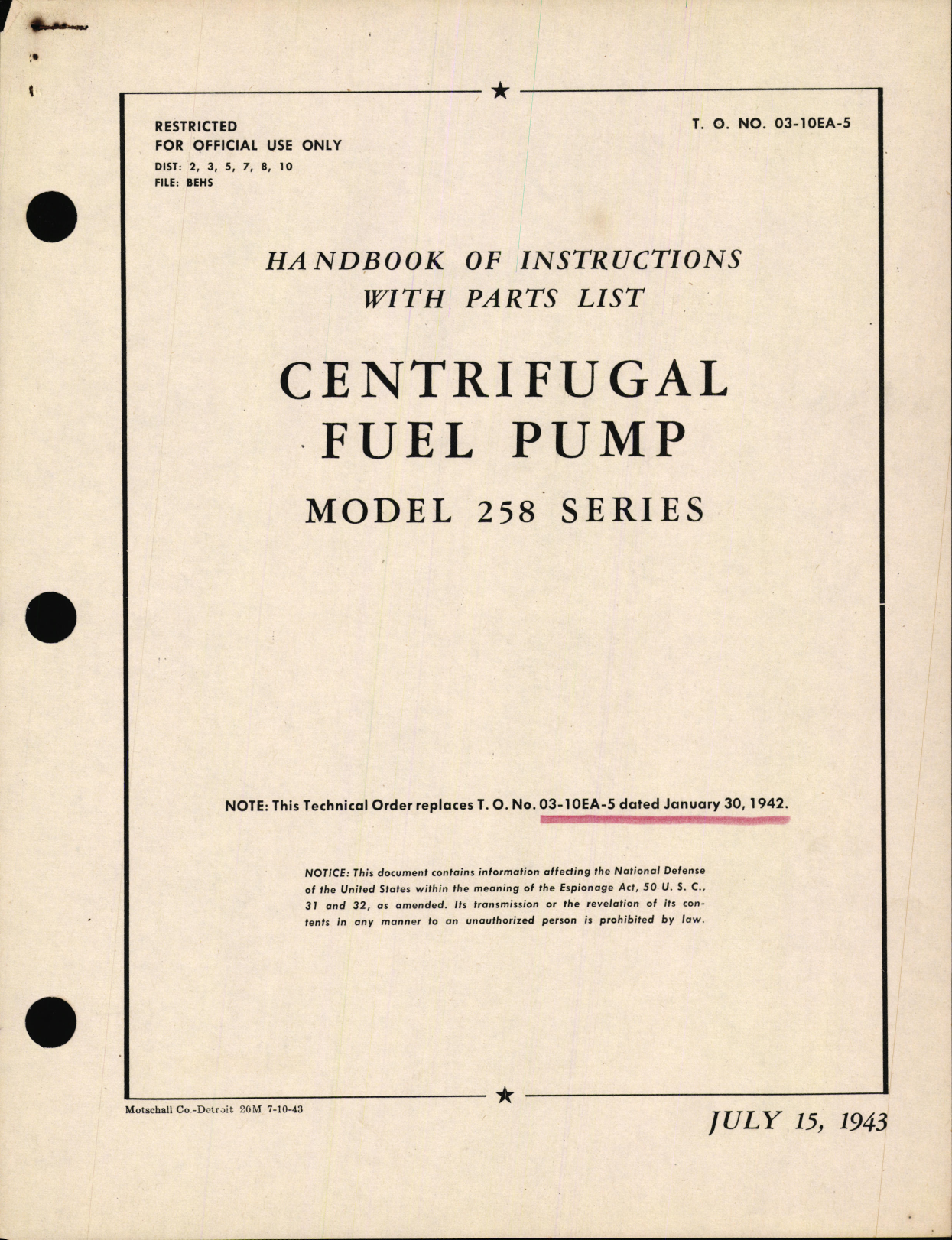 Sample page 1 from AirCorps Library document: Handbook of Instructions with Parts List for Centrifugal Fuel Pump Model 258 Series
