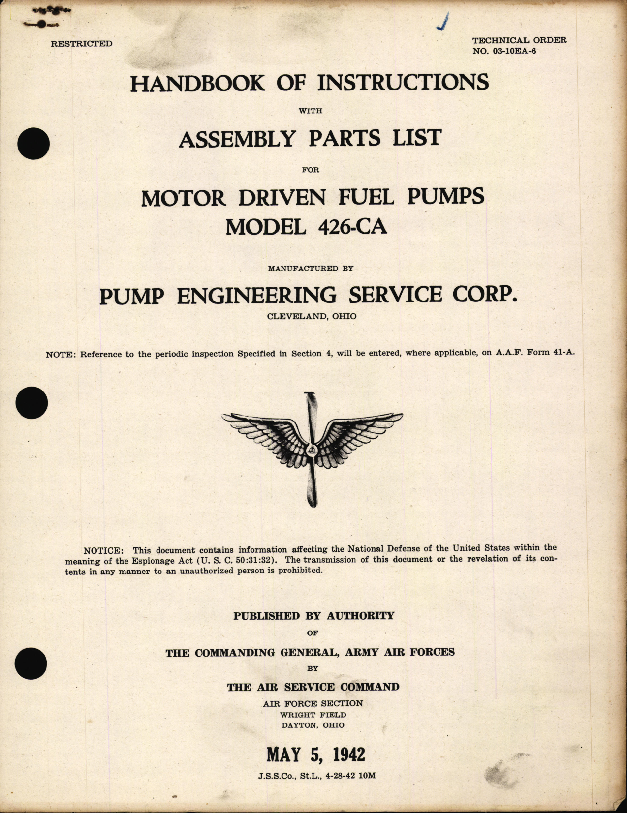 Sample page 1 from AirCorps Library document: Handbook of Instructions with Assembly Parts List for Motor Driven Fuel Pumps Model 426-CA