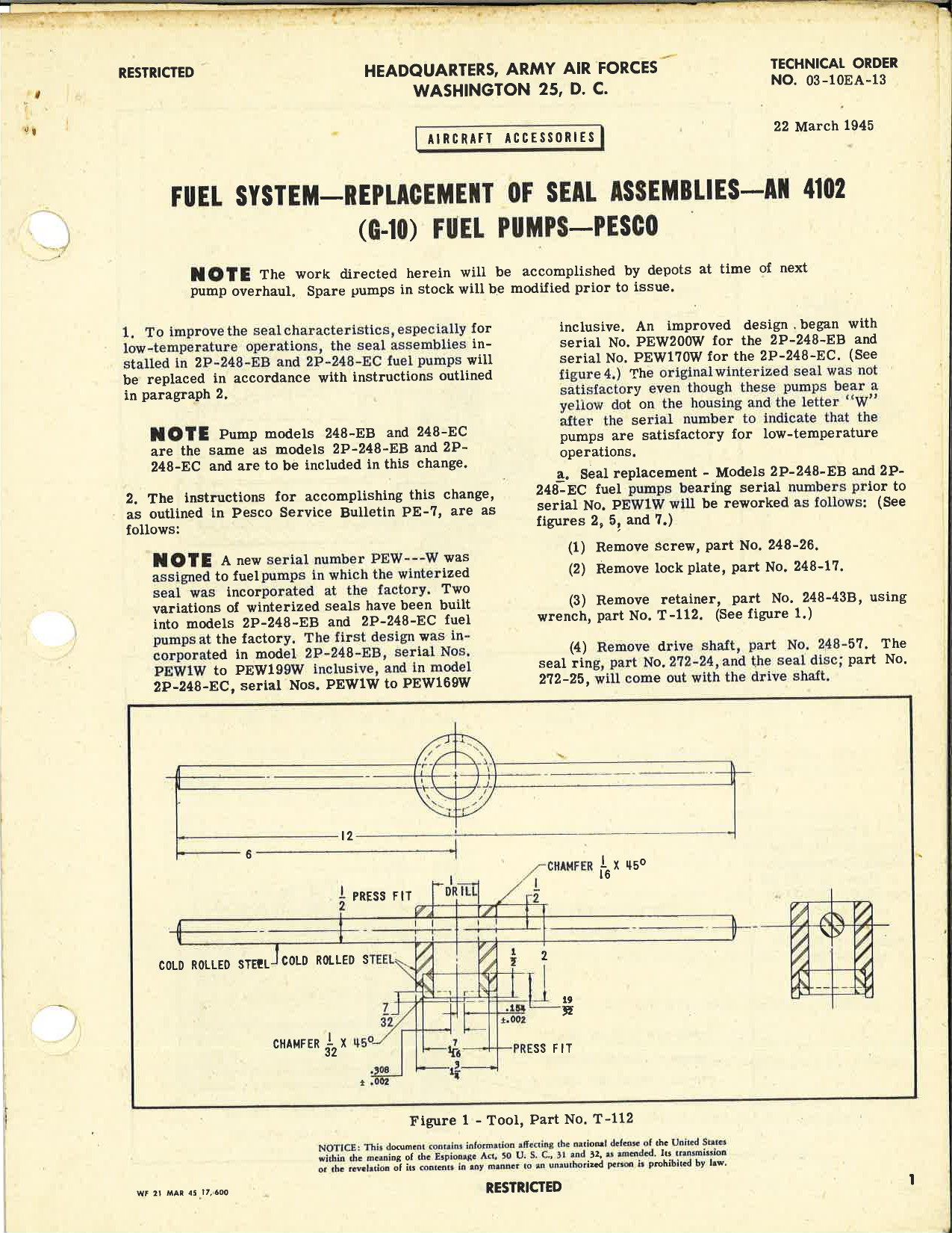 Sample page 1 from AirCorps Library document: Replacement of Seal Assemblies in AN 4102 (G-10) Fuel Pumps - Pesco