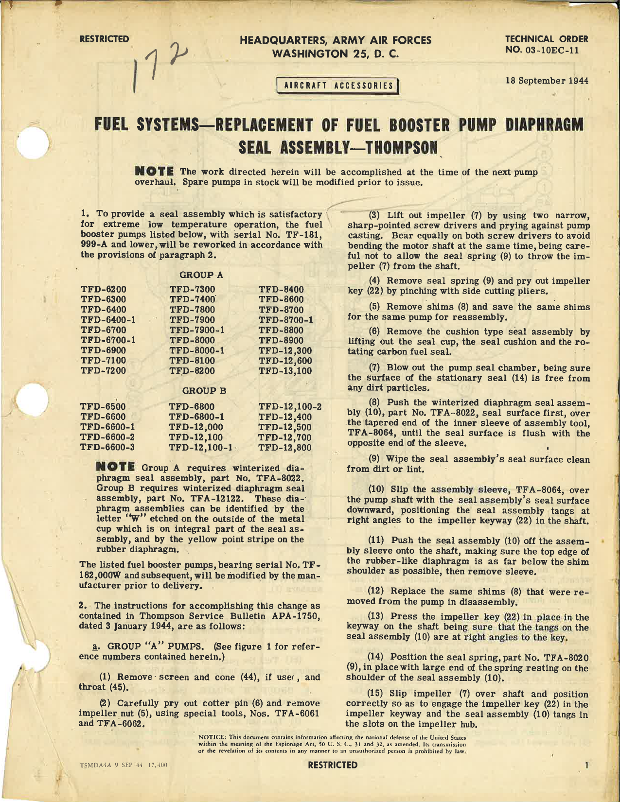 Sample page 1 from AirCorps Library document: Replacement of Fuel Booster Pump Diaphragm Seal Assembly