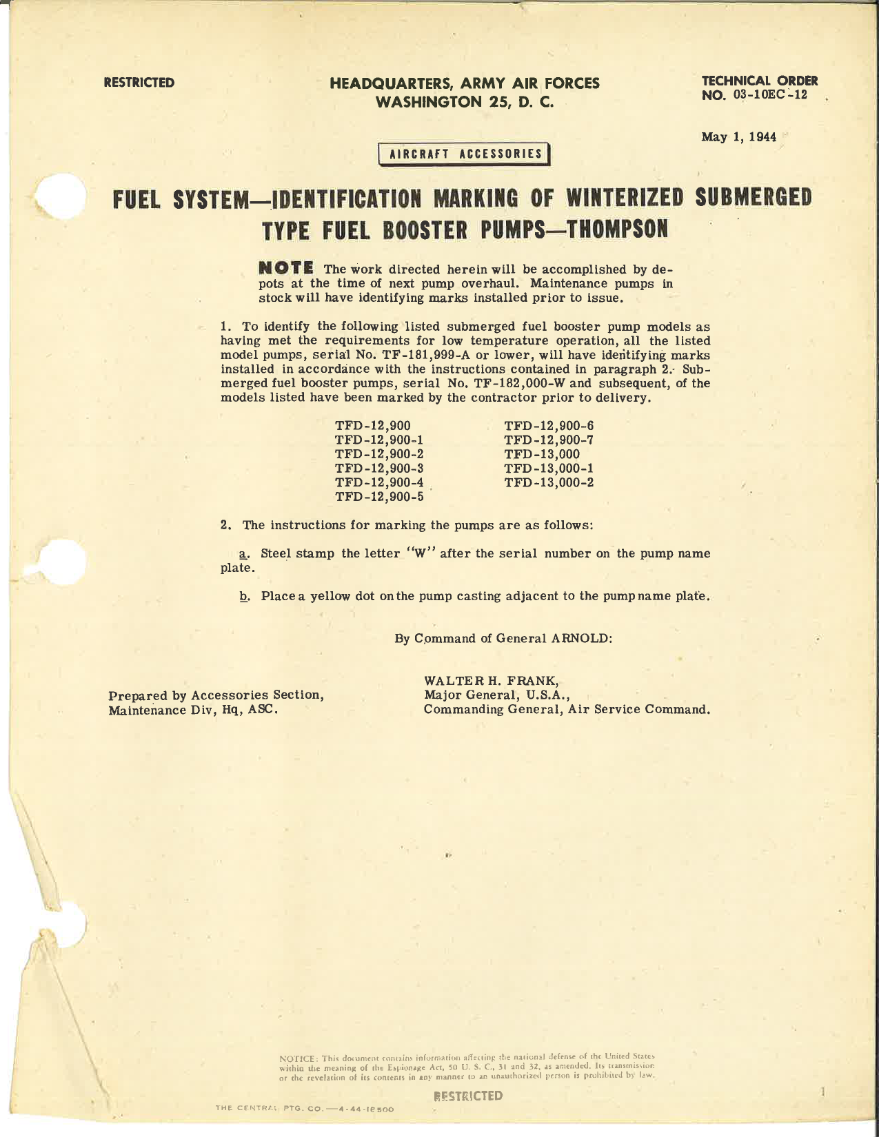 Sample page 1 from AirCorps Library document: Identification Marking of Winterized Submerged Type Fuel Booster Pumps