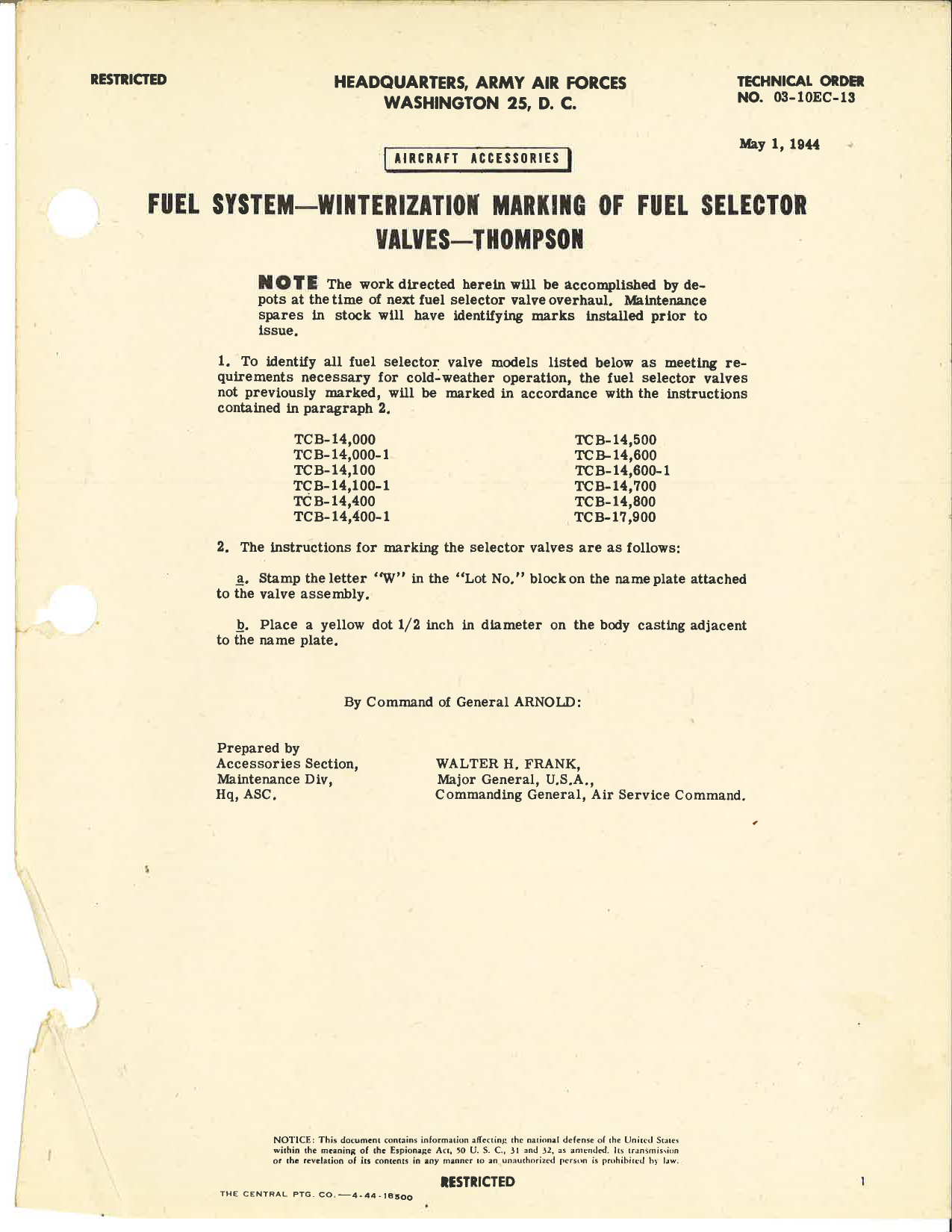 Sample page 1 from AirCorps Library document: Winterization Marking of Fuel Selector Valves