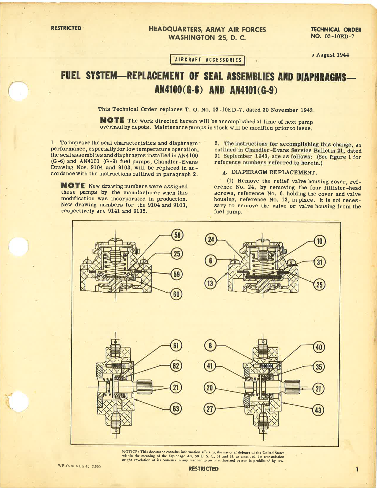 Sample page 1 from AirCorps Library document: Replacement of Seal Assemblies and Diaphragms in AN4100 (G-6) and AN4101 (G-9) Fuel Pumps