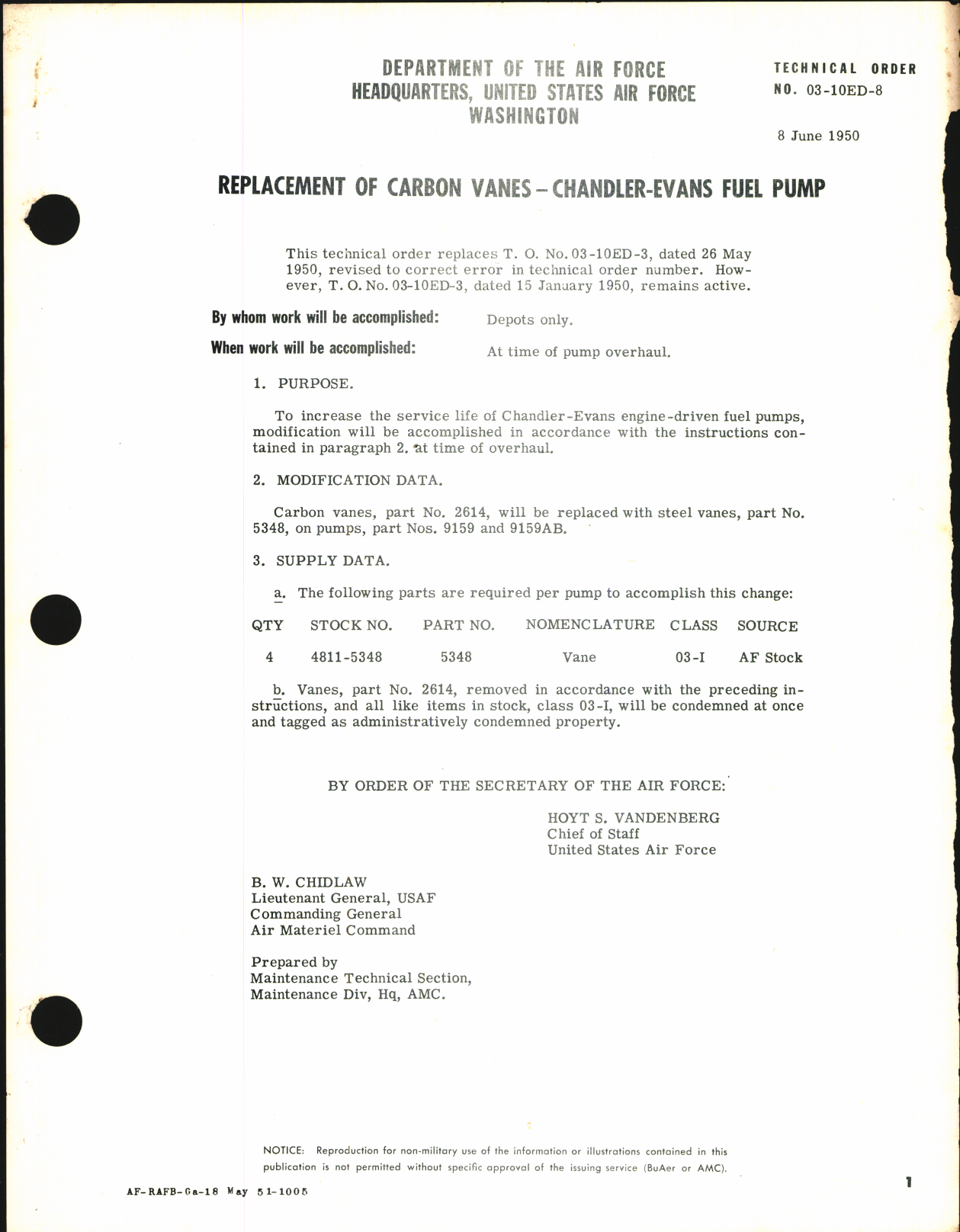 Sample page 1 from AirCorps Library document: Replacement of Carbon Vanes in Chandler-Evans Fuel Pump