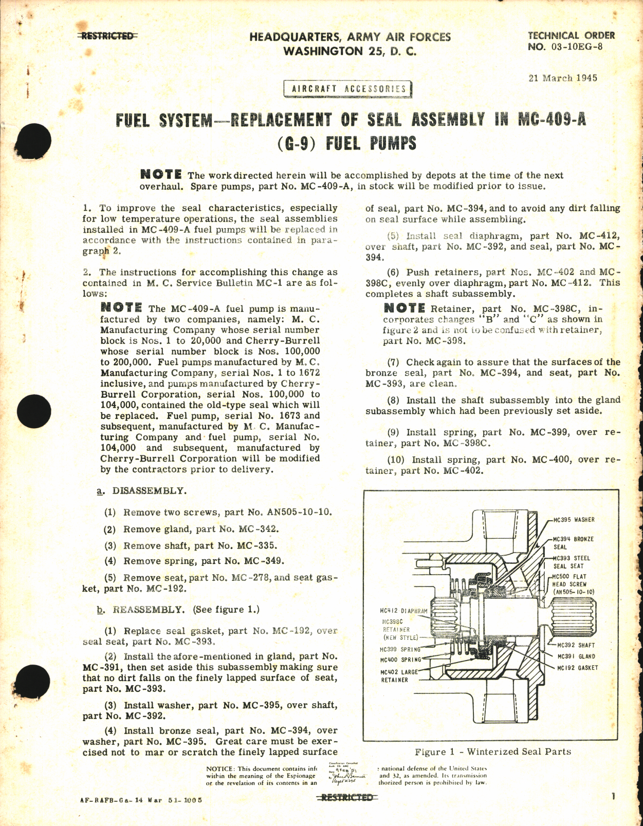 Sample page 1 from AirCorps Library document: Replacement of Seal Assembly in MC-409-A (G-9) Fuel Pumps