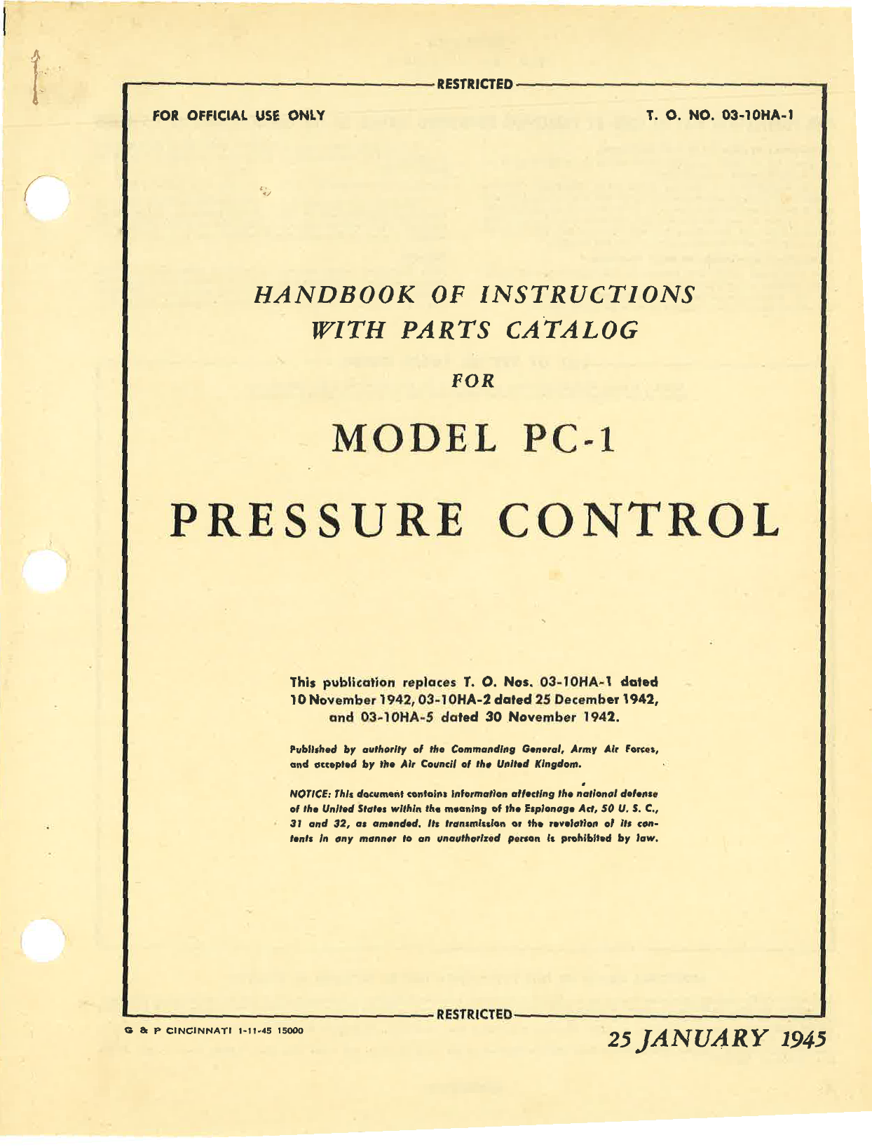 Sample page 1 from AirCorps Library document: Handbook of Instructions with Parts Catalog for Model PC-1 Pressure Control