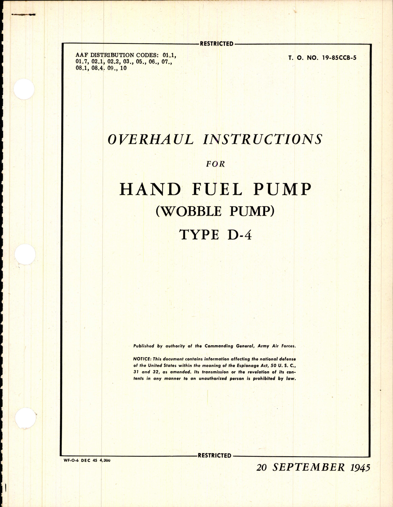 Sample page 1 from AirCorps Library document: Overhaul Instructions for Hand Fuel Pump (Wobble Pump) Type D-4