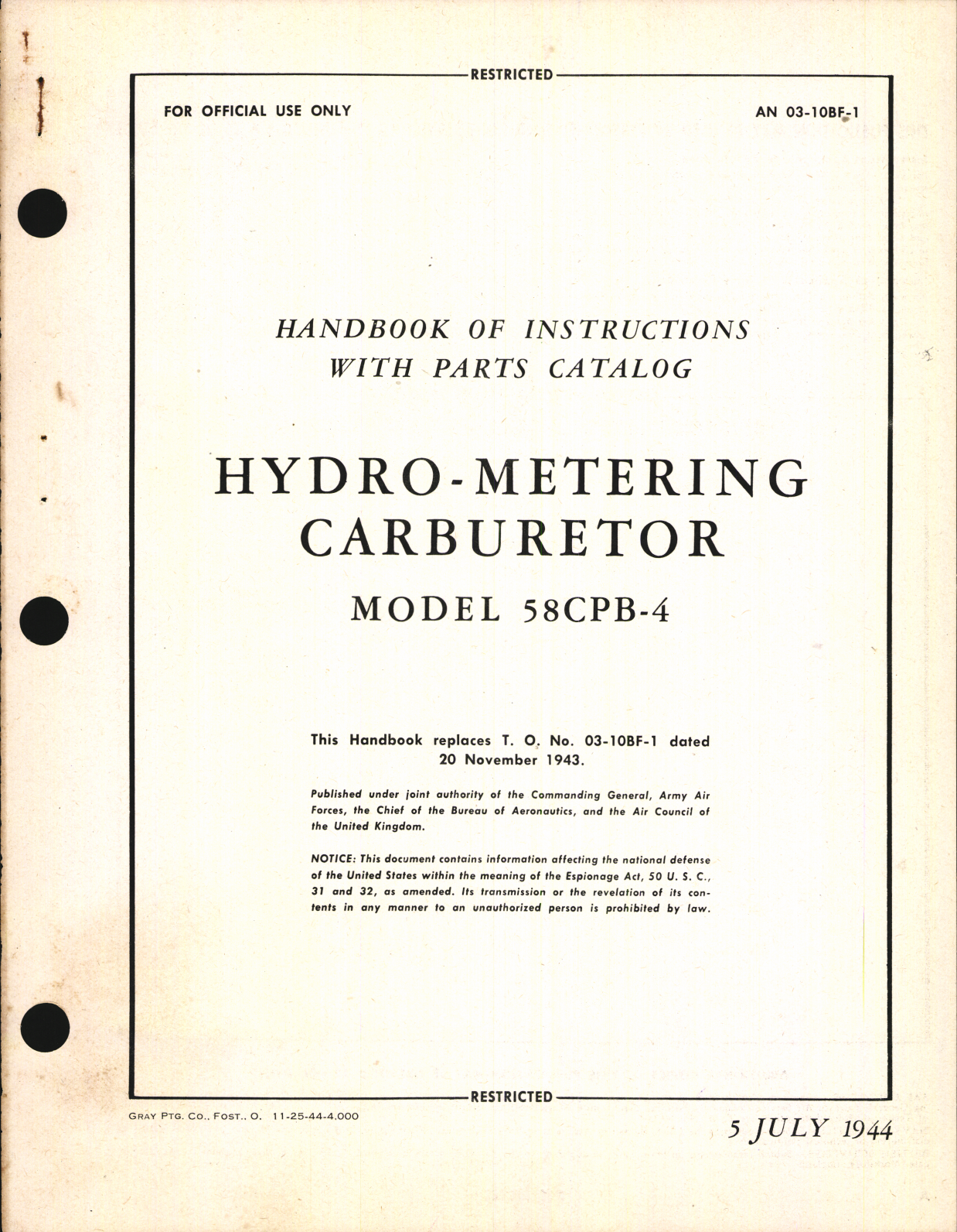 Sample page 1 from AirCorps Library document: Handbook of Instructions with Parts Catalog for Hydro-Metering Carburetor Model 58CPB-4